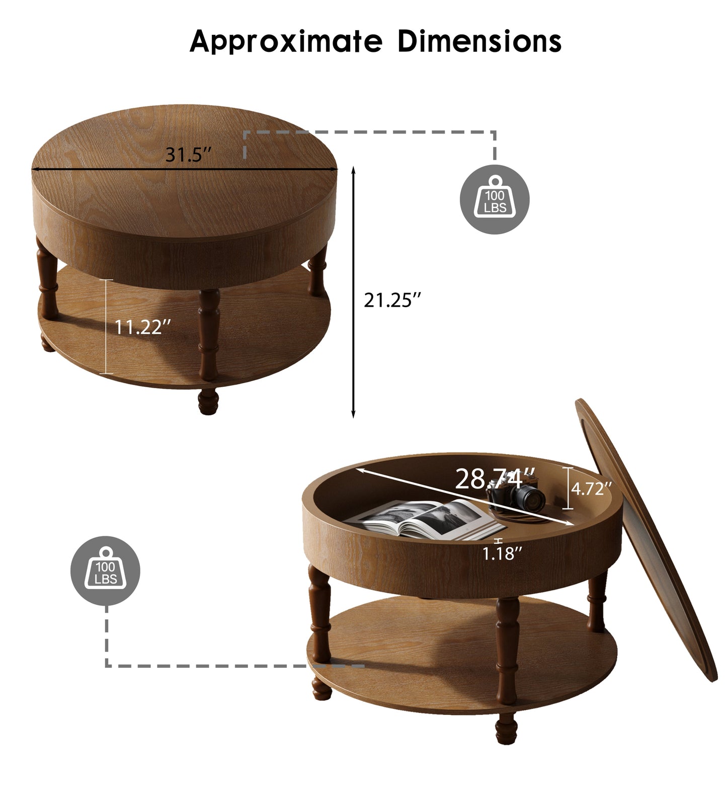 Coffee Table with Dual Storage for Living Room, 31.5' Modern Round Coffee Table with Storage and Hidden Compartment, Adjustable Leveling Feet, Easy Assembly (Walnut)