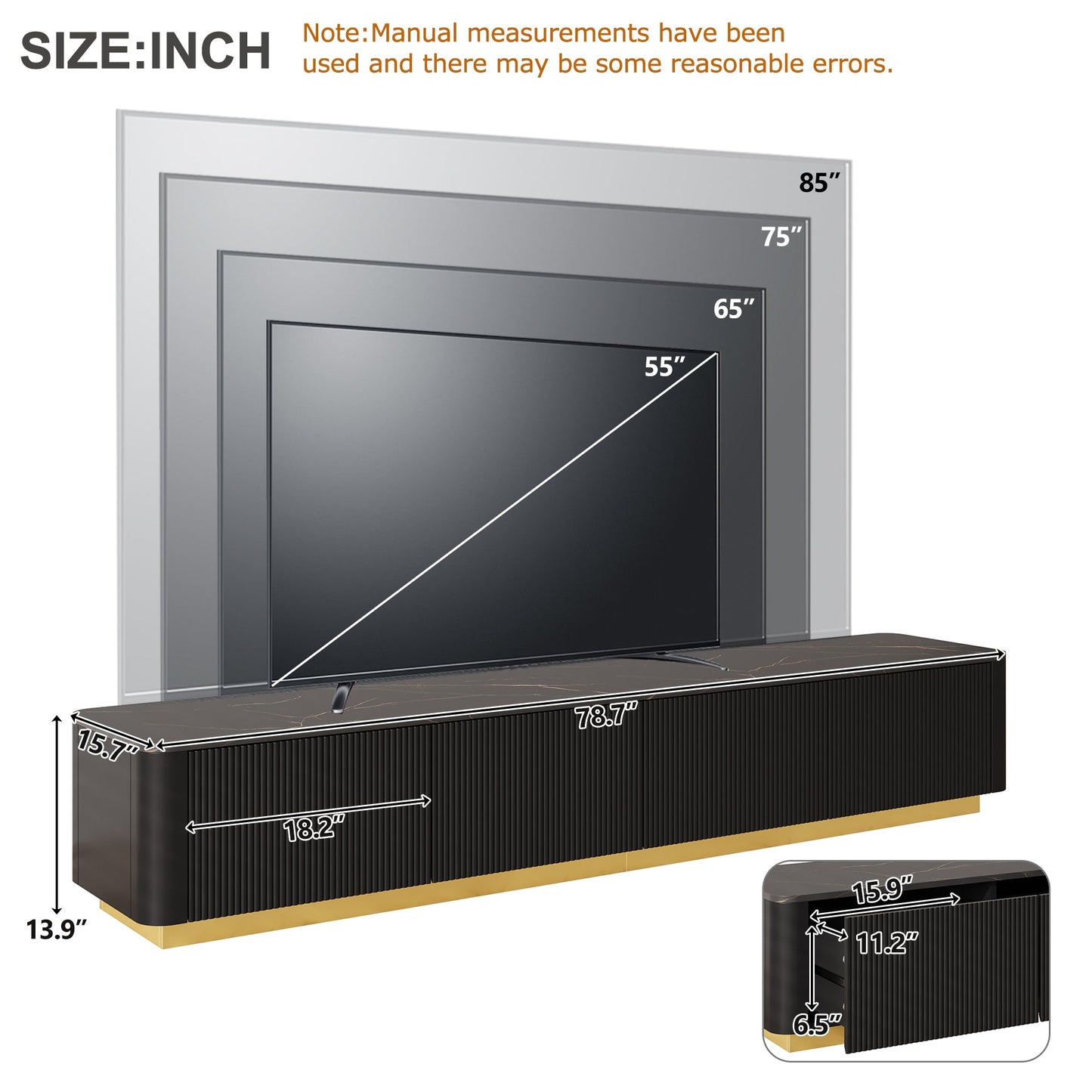 ON-TREND Luxury Fluted TV Stand for TVs Up to 85', Faux Marble Tabletop Media Console with 4 Drawers, Curved Profile Design, Modern Entertainment Center with Gold Base for Living Room, Black