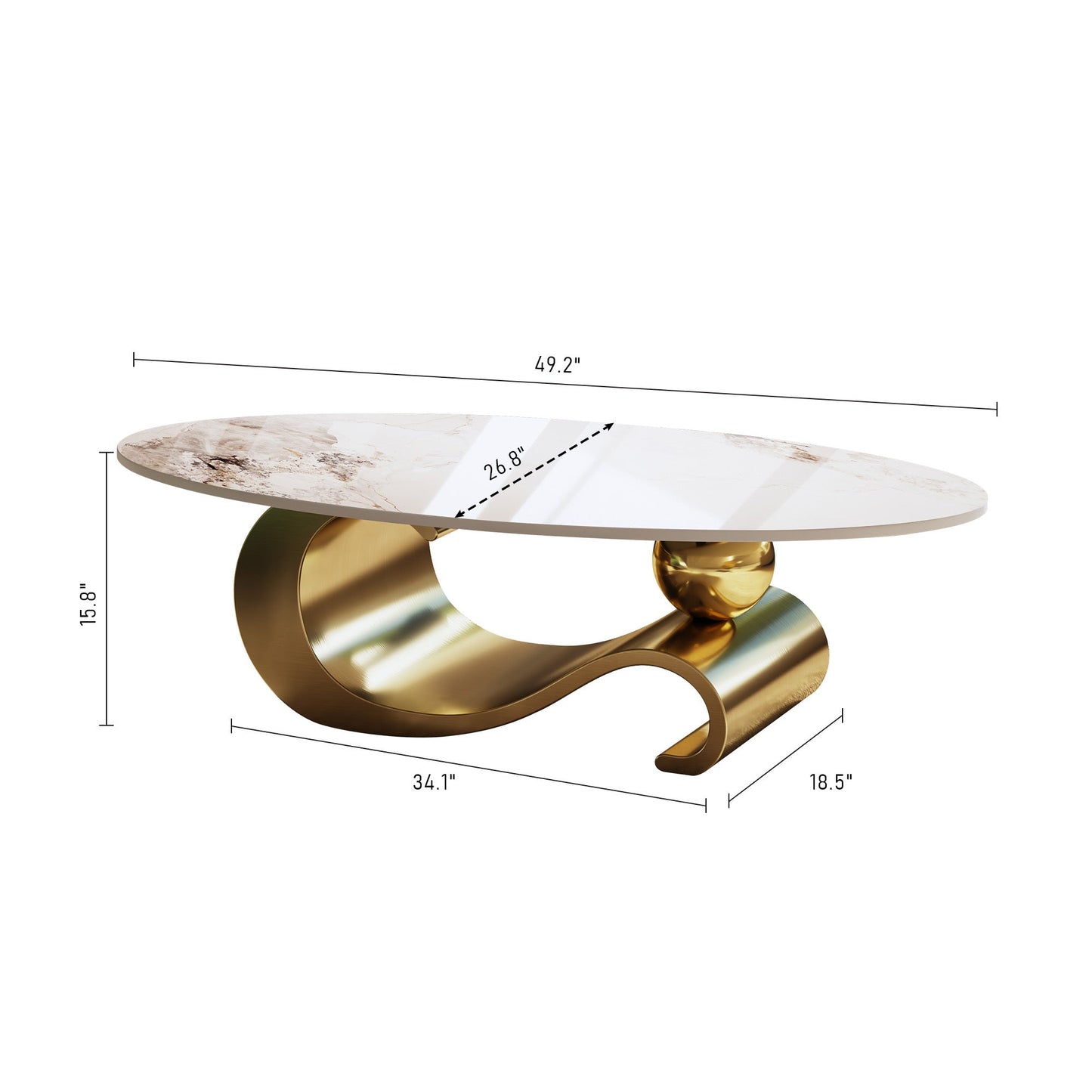 49.2' Faux Marble Oval Coffee Table, Contemporary Gold Stainless Steel Base, Modern Center Table for Living Room