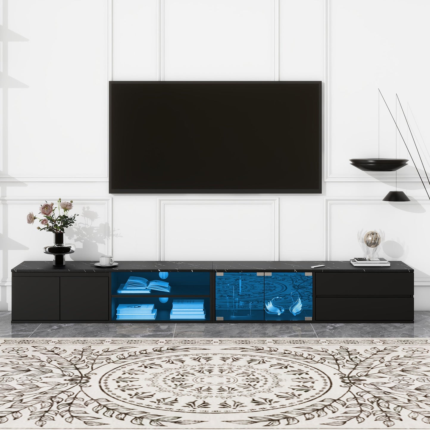 ON-TREND Modern APP Controlled LED TV Stand for TVs Up to 105'', Faux Marble Tabletop Media Console with Tempered Glass Doors, Entertainment Center with 2 Drawers & Cabinets for Living Room, Black