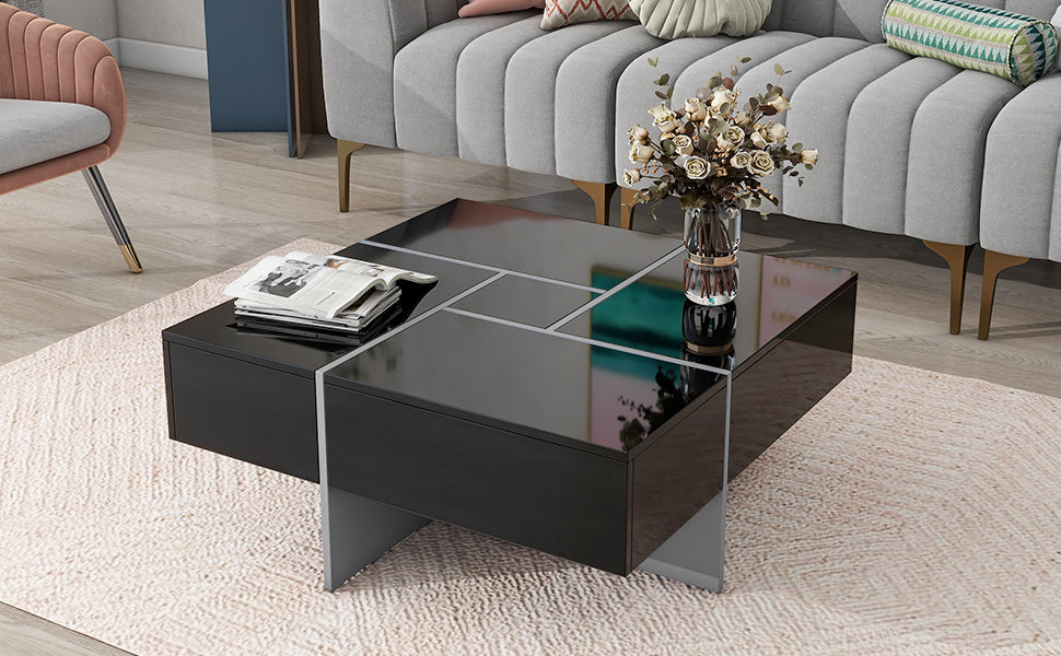 ON-TREND Unique Design Coffee Table with 4 Hidden Storage Compartments, Square Cocktail Table with Extendable Sliding Tabletop, UV High-gloss Design Center Table for Living Room, 31.5'x 31.5'