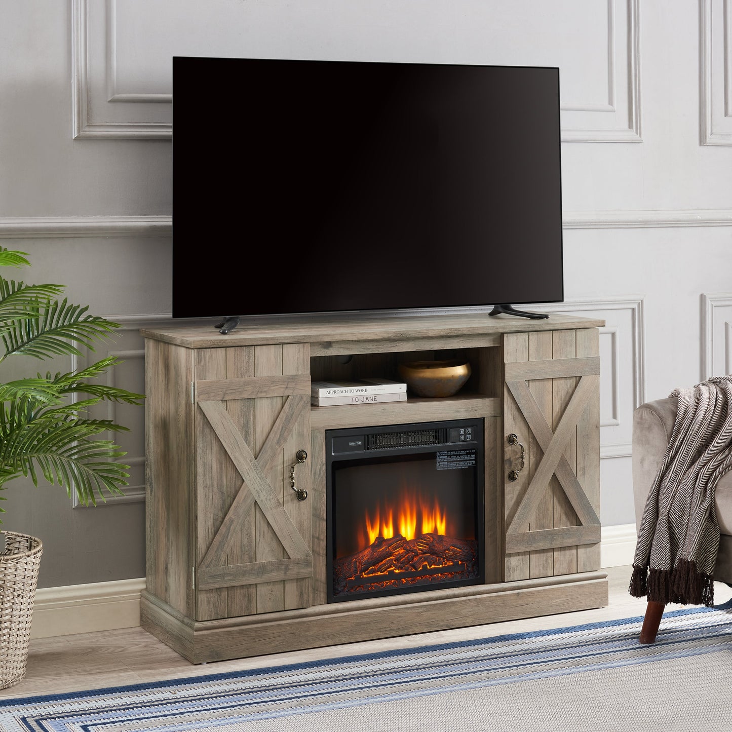 American retro Farmhouse Classic Media TV Stand Antique Entertainment Console with 18' Electric Fireplace Insert for TV up to 50' with Open and Closed Storage Space, Gray Wash 47'W*15.5'D*30.75'H