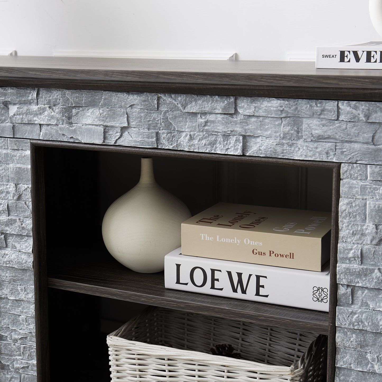 Mantel Stone TV Media Stand with with Faux Stacked Stone Surround, Modern Entertainment Console with Open Storage Space,Grey, 58.31'W*15.39'D*26.06'H