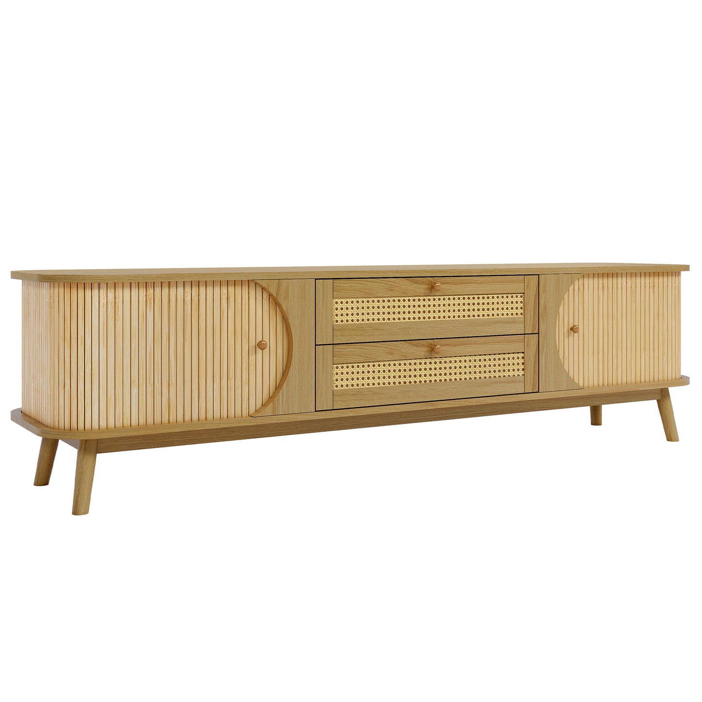 Rattan TV Stand for TVs up to 75'', Modern Farmhouse Media Console, Entertainment Center with Solid Wood Legs, TV Cabinet for Living Room,Home Theatre