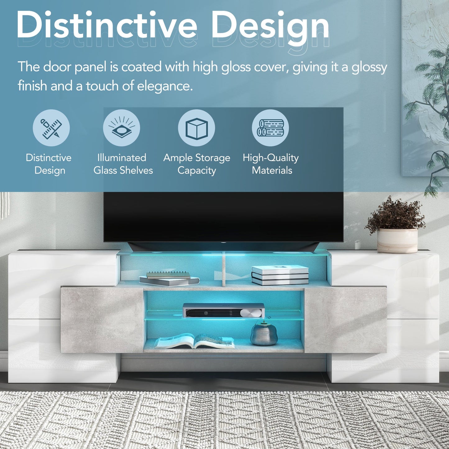 ON-TREND Unique Shape TV Stand with 2 Illuminated Glass Shelves, High Gloss Entertainment Center for TVs Up to 88', Versatile TV Cabinet with LED Color Changing Lights for Living Room, Grey