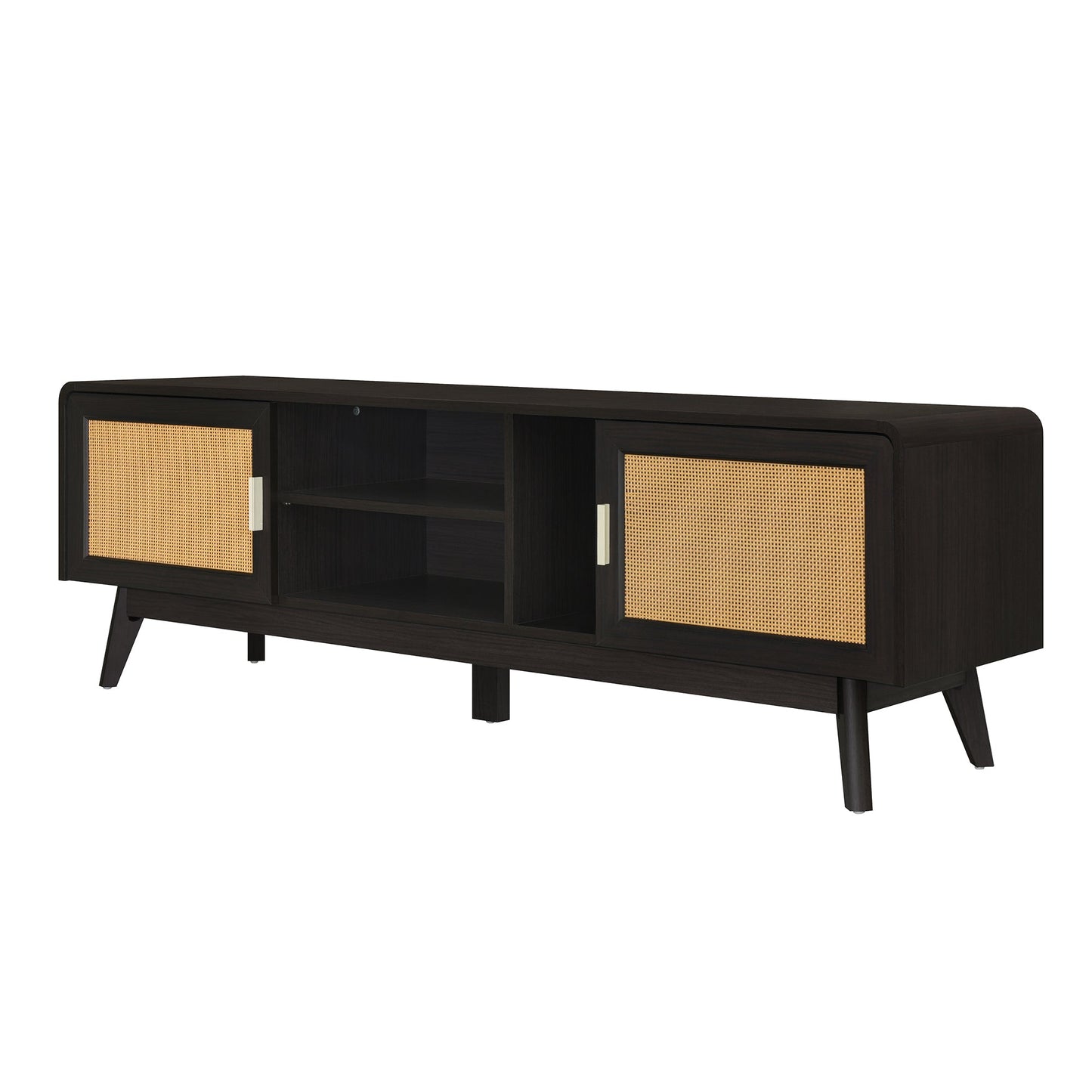 63'' Dark Rattan TV Stand with 2 Storage Cabinets for 65 Inch TV, Entertainment Center with Solid Wood Legs, Media Console Table for Living Room, Bedroom