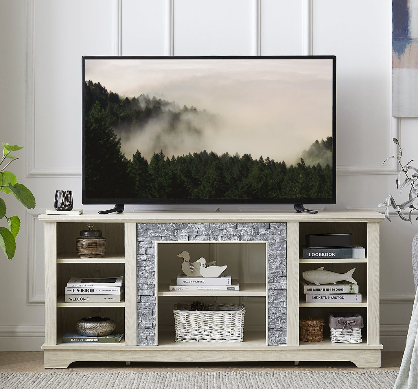 Mantel Stone TV Media Stand with with Faux Stacked Stone Surround, Modern Entertainment Console with Open Storage Space,WHITE, 58.31'W*15.39'D*26.06'H