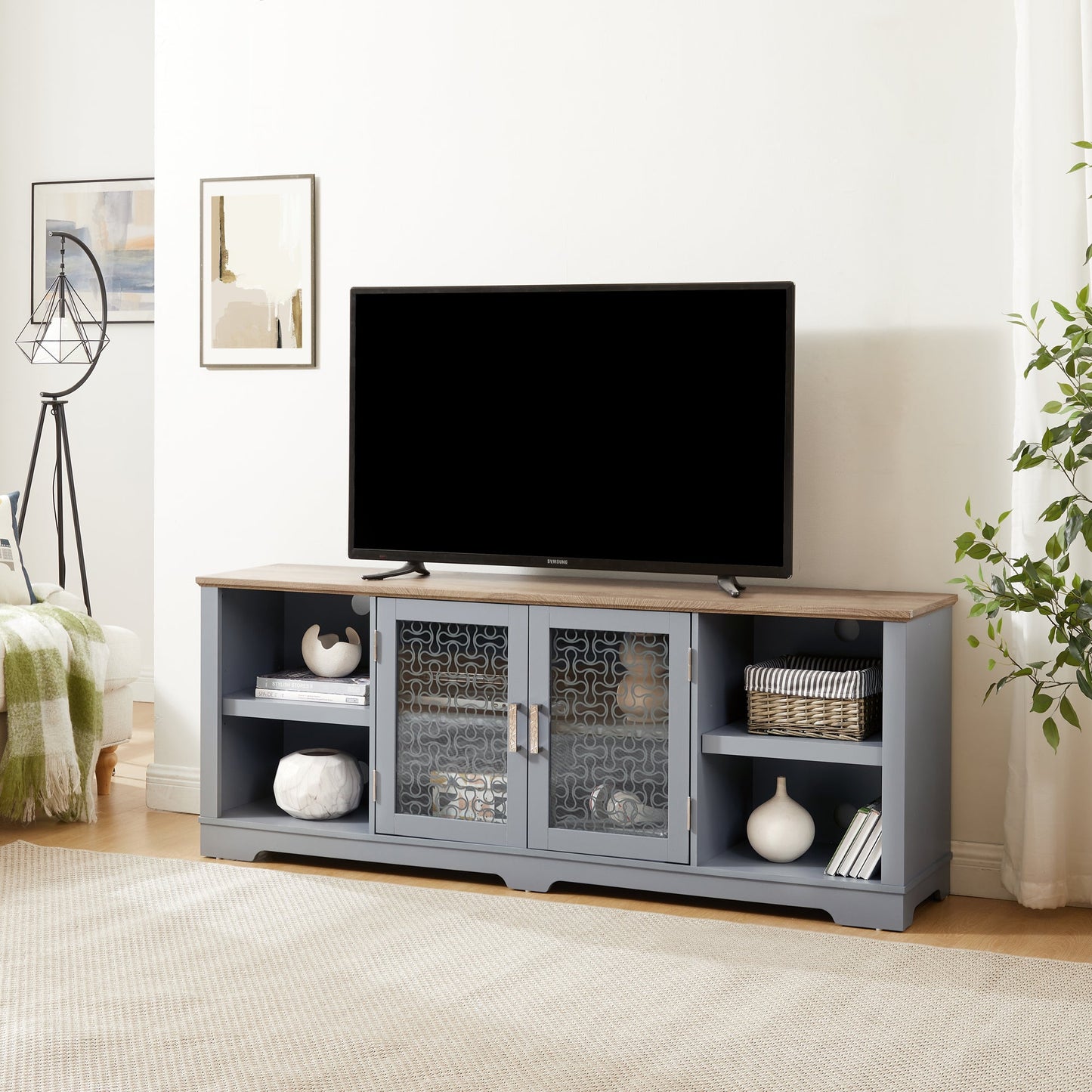 Modern Farmhouse TV Media Stand, Large Home Entertainment Console, for TV Up to 80'', with Open Shelves and Glass Door Cabinets, Light Blue and Light Oak, 70'W*15.55'D*26.85'H