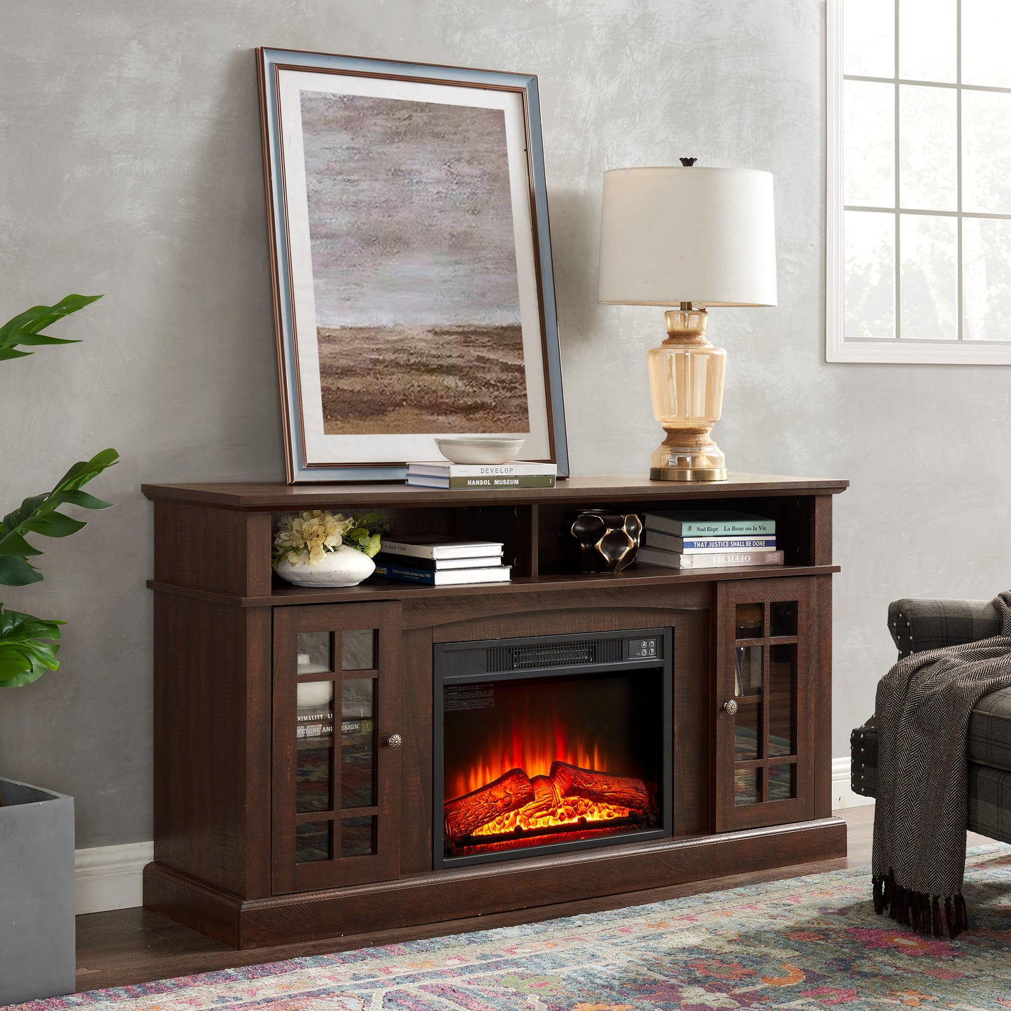 Classic TV Media Stand Modern Entertainment Console with 23' Fireplace Insert for TV Up to 65' with Open and Closed Storage Space, Espresso, 58.25'W*15.75'D*32'H