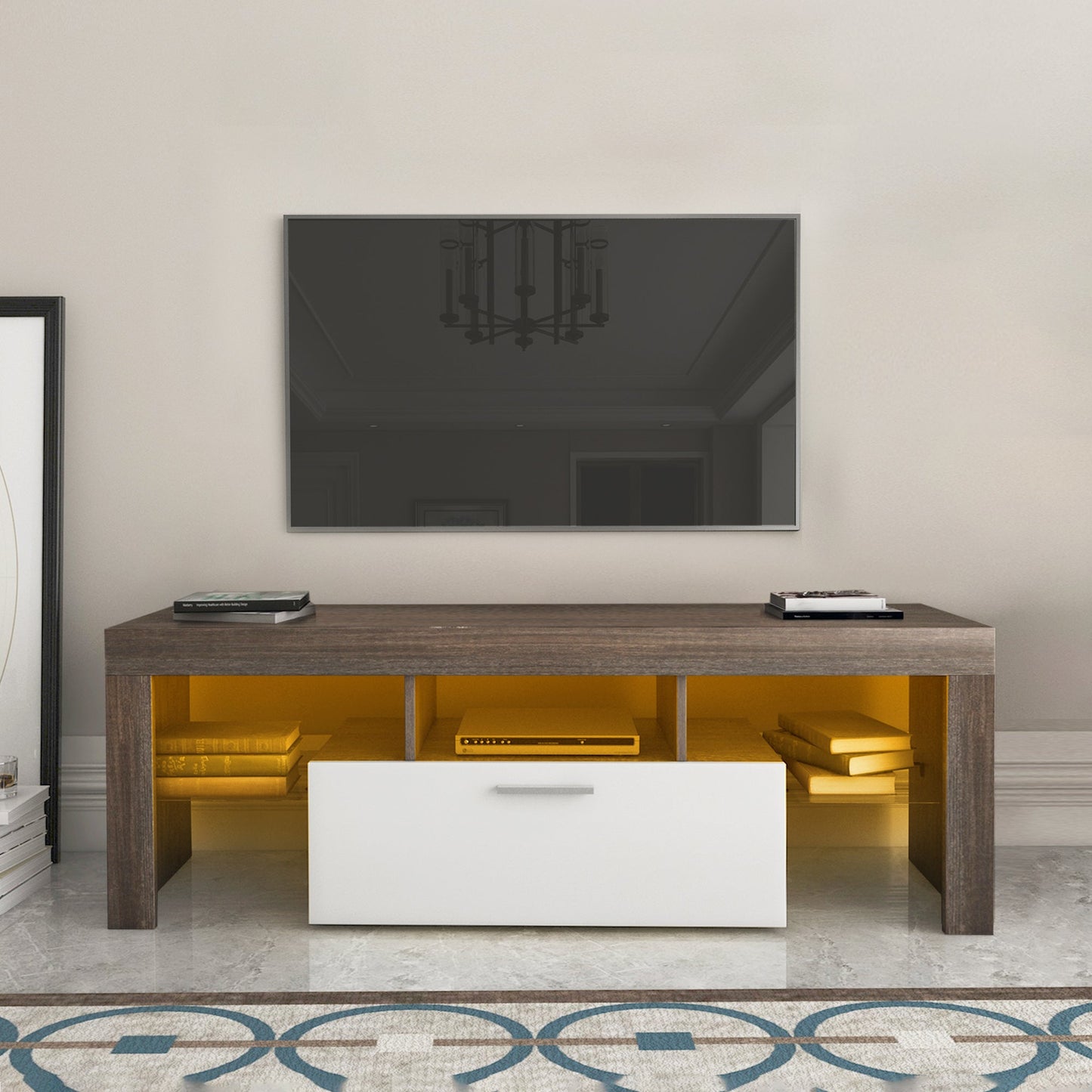 20 minutes quick assembly brown simple modern TV stand with the toughened glass shelf Floor cabinet Floor TV wall cabinet Brown + whiteTV bracket with LED Color Changing Lights for Living Room