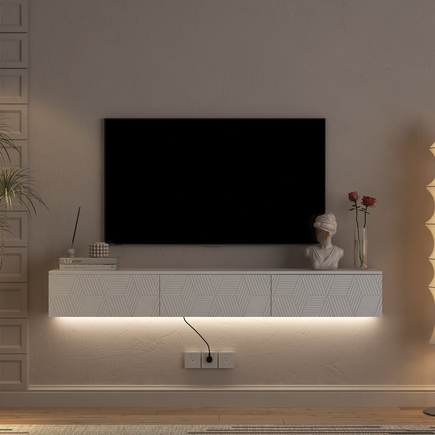 Floating TV Stand Wall Mounted with 16 Color LEDs,67' Modern TV Stand, Floating TV Cabinet Entertainment Center for 55 60 65 Inch TV,White