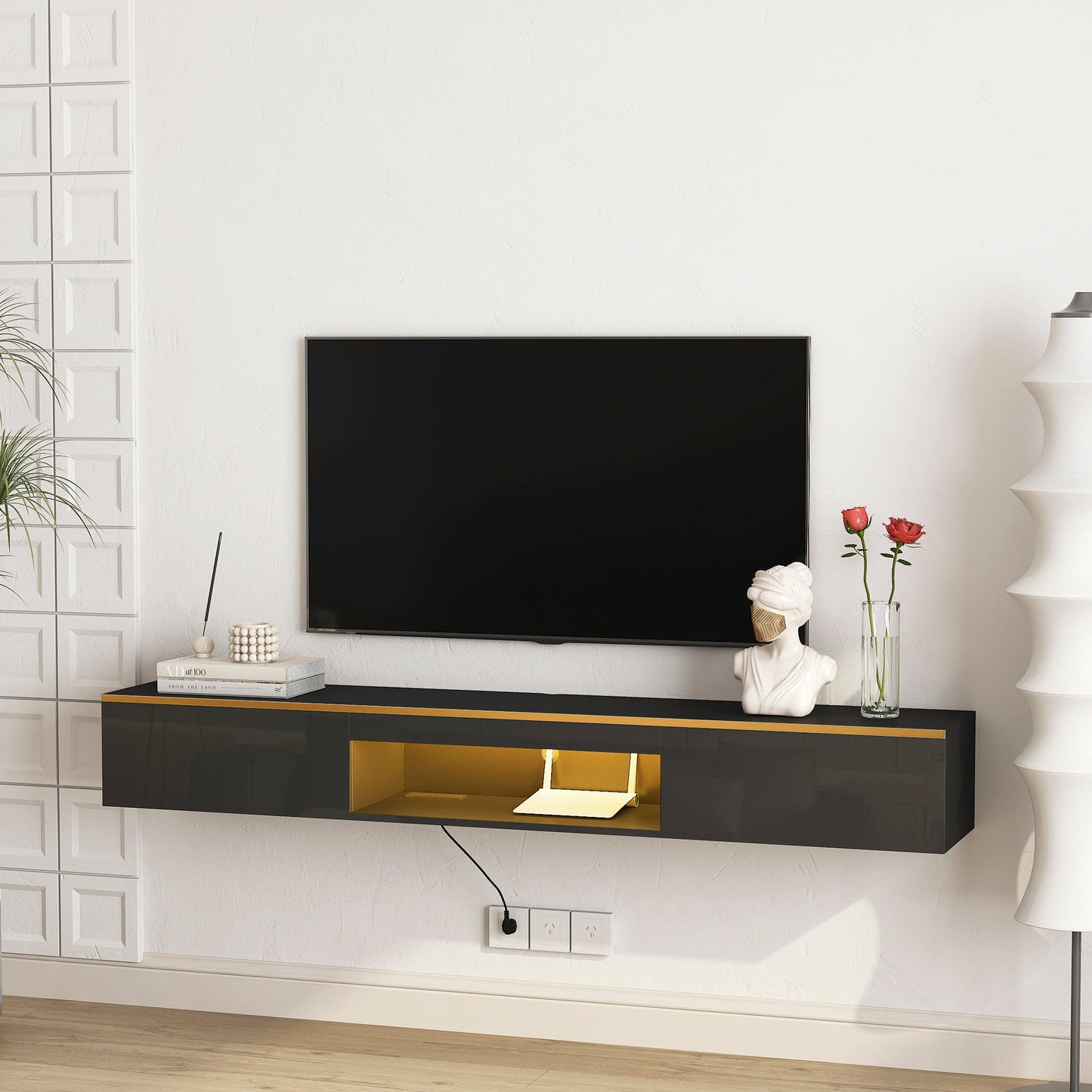 Floating TV Stand Wall Mounted with 16 Color LEDs,69' Modern TV Stand, Floating TV Cabinet Entertainment Center for 55 60 65 Inch TV,Black
