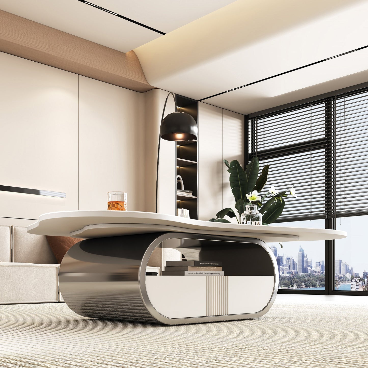 Modern Butterfly Coffee Table with Sintered Stone Top – Oval Center Table with Storage Shelf & Drawer, Stainless Steel Base & MDF Cabinet