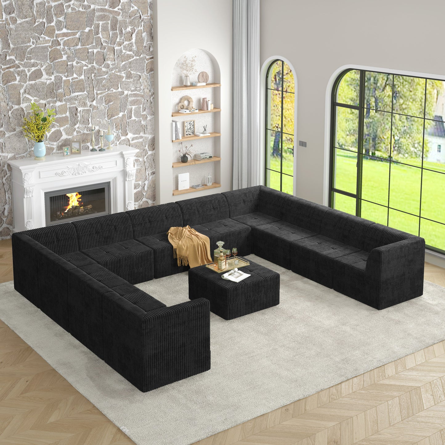 U shape Modular Sectional Sofa,DIY Compressed Sectional Sofa Modern Minimalist Style Corduroy Couch, Sleeper Sofa for Living Room, Bedroom, Comfy Compressed Sofa Couch Space-black
