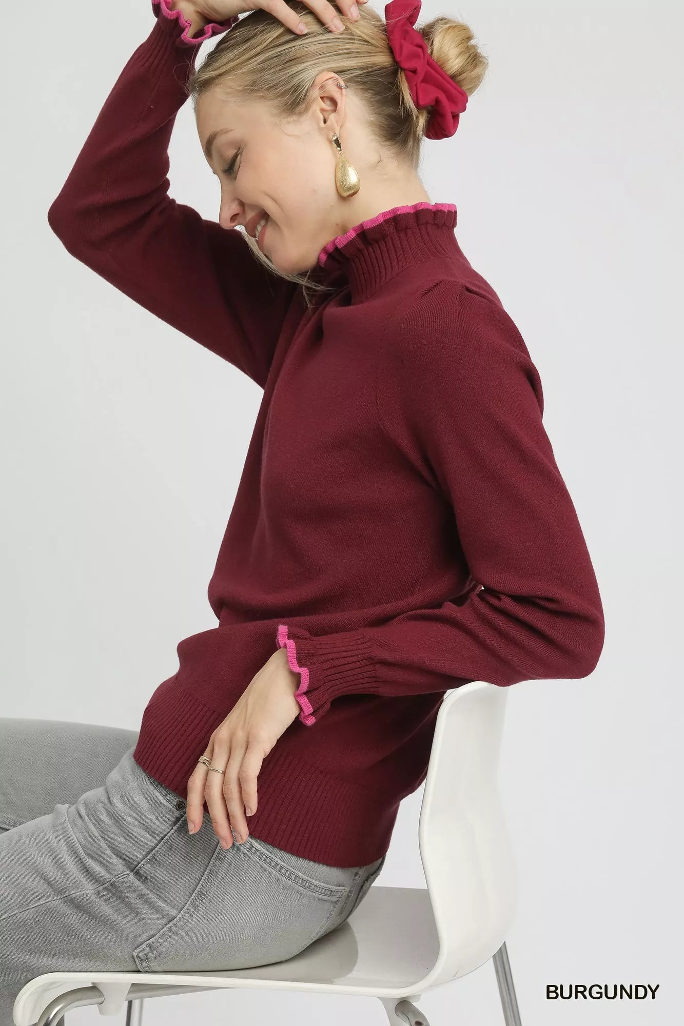 Umgee Ribbed Round Neck Sweater with Ruffle Contrast Trim - Lee's Retail