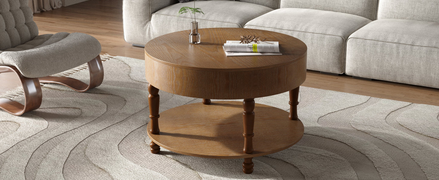 Coffee Table with Dual Storage for Living Room, 31.5' Modern Round Coffee Table with Storage and Hidden Compartment, Adjustable Leveling Feet, Easy Assembly (Walnut)