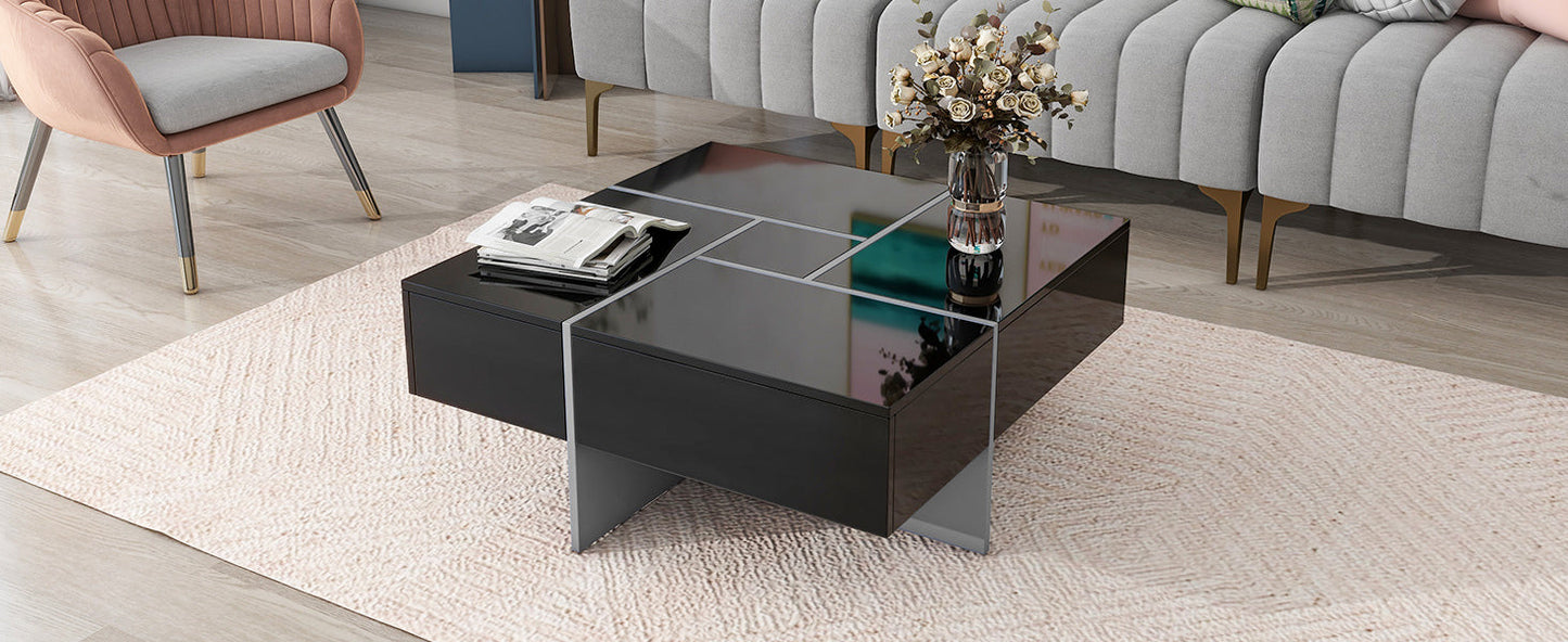 ON-TREND Unique Design Coffee Table with 4 Hidden Storage Compartments, Square Cocktail Table with Extendable Sliding Tabletop, UV High-gloss Design Center Table for Living Room, 31.5'x 31.5'