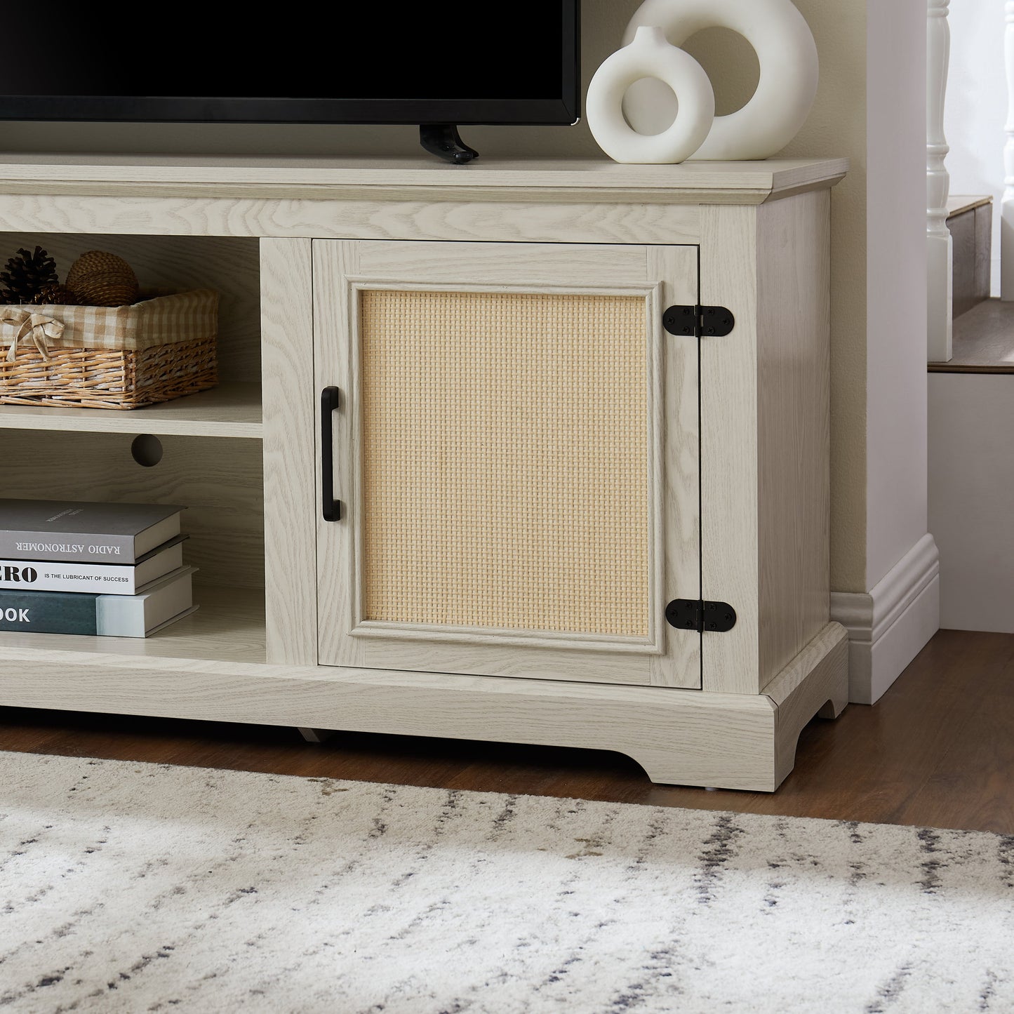 Farmhouse Rattan TV Stand Console Table for TVs up to 70 Inches, TV Console Table with 2 Storage Shelves, 2 Natural Rattan Door Cabinets,65'W*15.55'D*23.86'H, White
