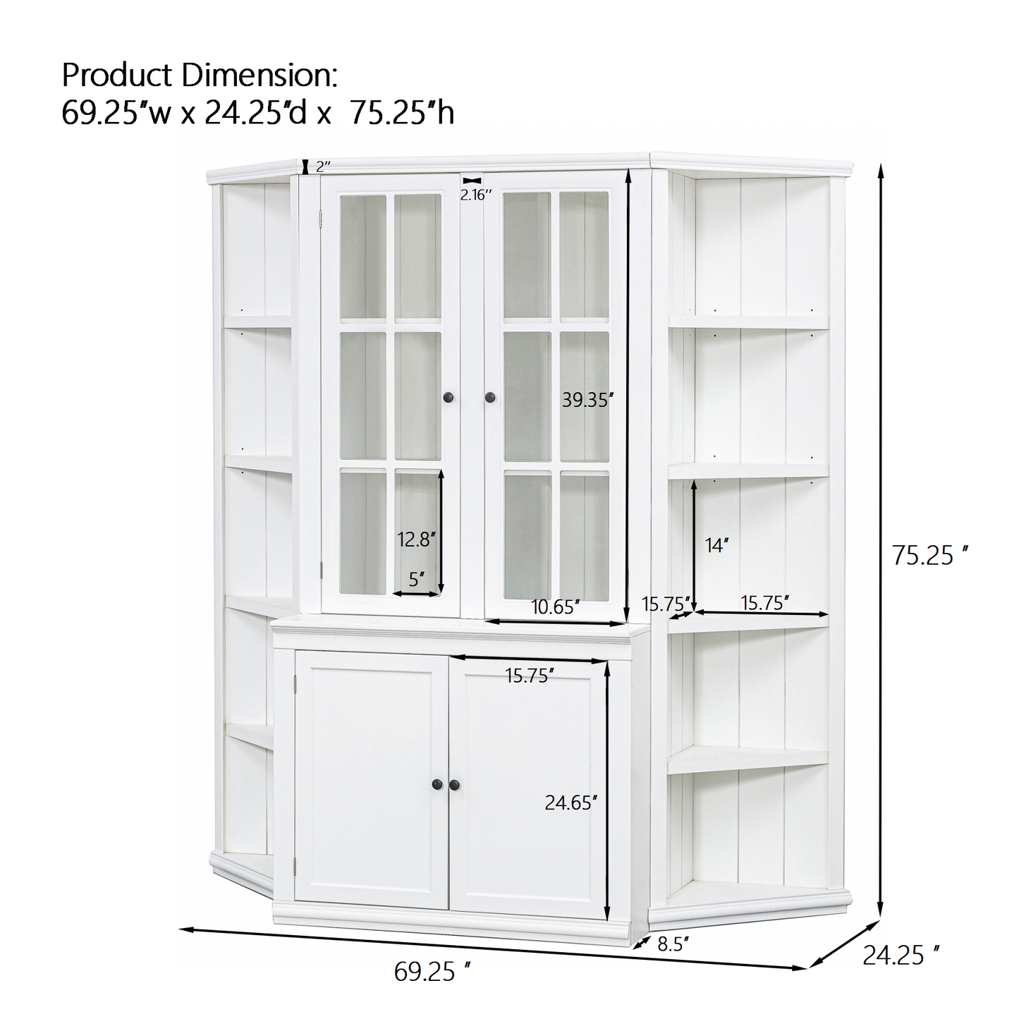 75.25'' Tall Display Cabinet and Two Triangle Sided Bookshelves, 69.25'' Wide Retro Style Wall Suit with Glass Doors, for Hallways, Living room, Office, Studio or Workspace - White