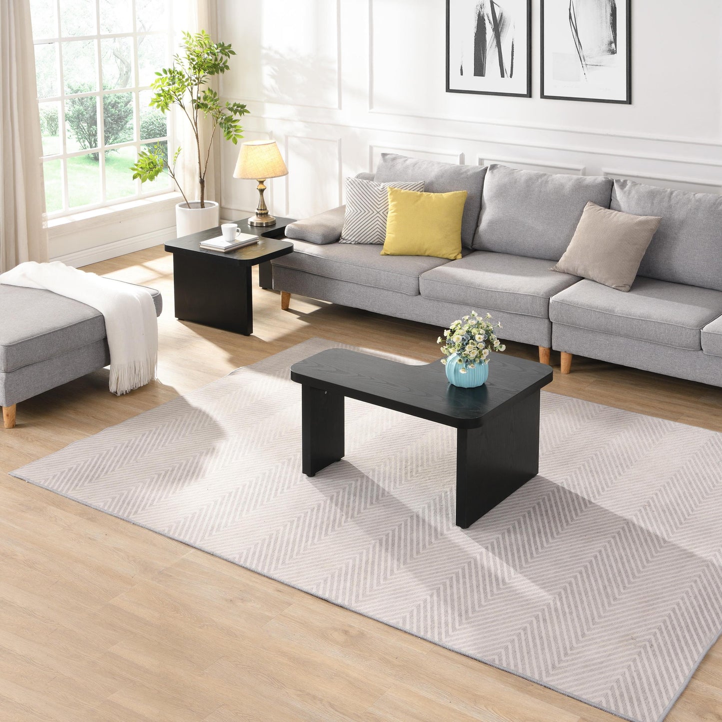 47.24*23.62 inch and 35.43*31.49 inch Rectangle Wood Detachable Coffee Table, Single L Shape Farmhouse Coffee Table for Dining Room, Garden, black