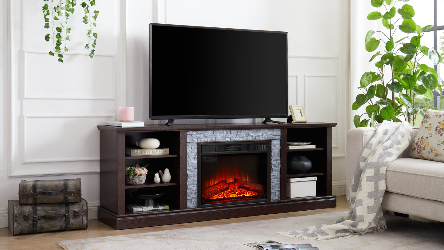Large TV Desk Storage Rack with Faux Stacked Stone Surround,Media Console Table with Large Storage Cabinet,Modern TV Media Stand with 23' Fireplace Insert,Cherry, 70.12'W*15.35'D*25.83'H