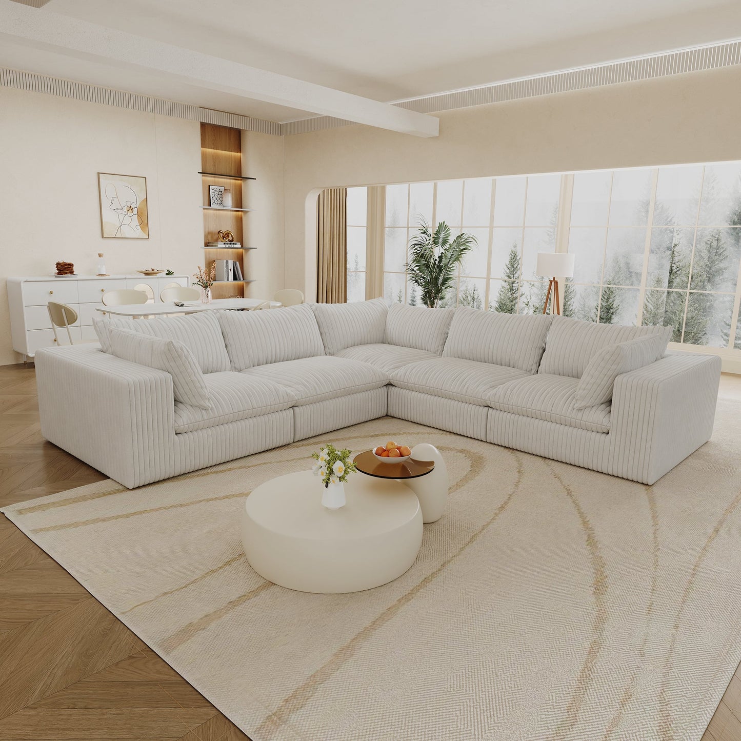 118.2' Cloud Sofa,Corduroy Fabric,Deep Seat Couches,Double-layer design,Removable Cushion,No Assembly, DIY Combination for Living room, Bedroom,Conference room ,Apartment,WHITE
