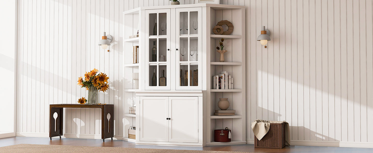 75.25'' Tall Display Cabinet and Two Triangle Sided Bookshelves, 69.25'' Wide Retro Style Wall Suit with Glass Doors, for Hallways, Living room, Office, Studio or Workspace - White