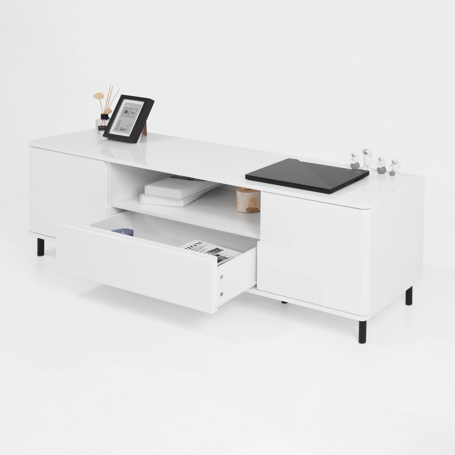 High Gloss Panel Modern TV Console, TV Stand, Entertainment Center with Storage Shelves,TV Cabinet for Living Room, Bedroom, Cloud White 63x15.74x19.68 inch