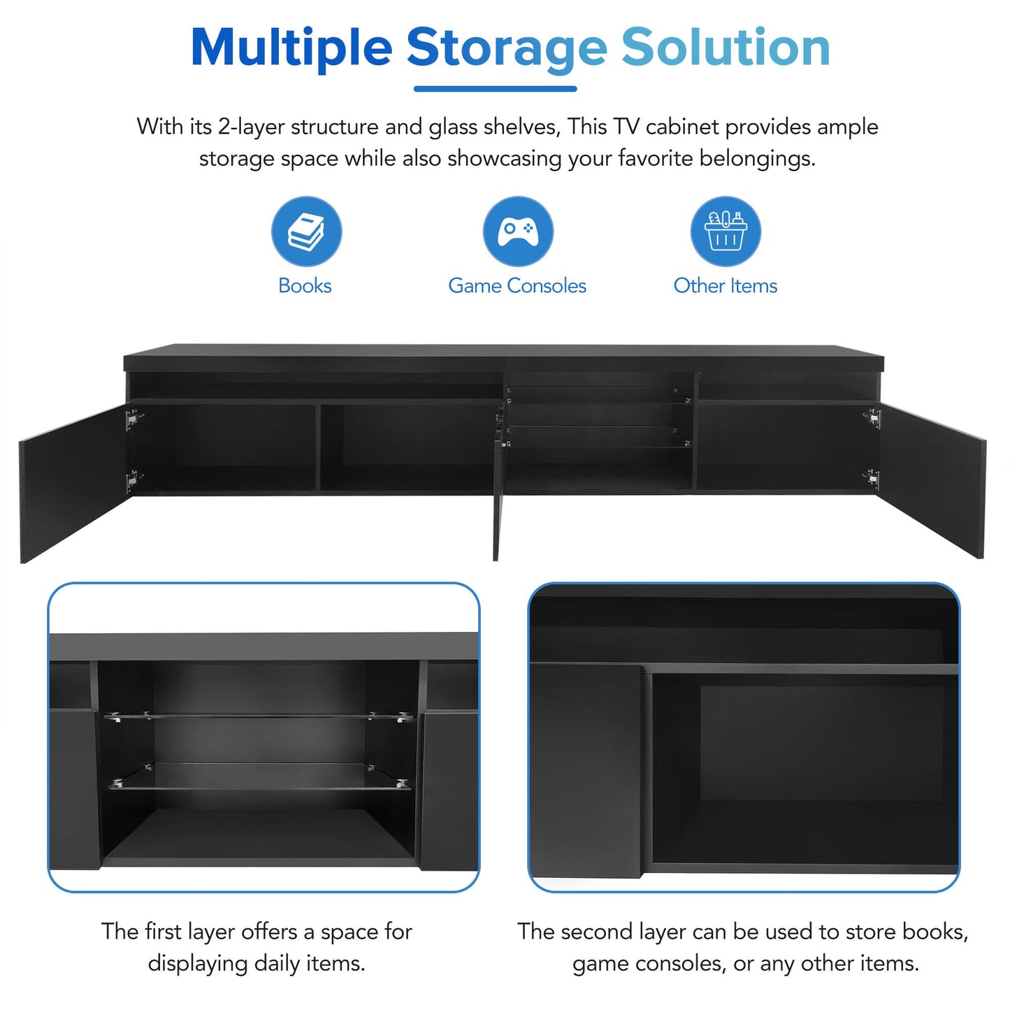 ON-TREND Unique Design TV Stand with 2 Glass Shelves, Ample Storage Space Media Console for TVs Up to 105', Versatile TV Cabinet with LED Color Changing Lights for Living Room, Black