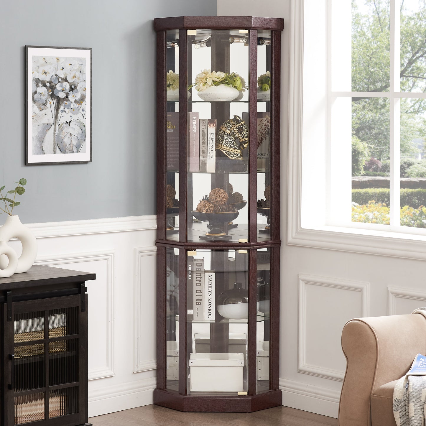 Lighted Corner Curio Cabinet - Elegant Glass Display Case for Living Room & Bar Storage - Perfect for Antique Collections & Wine - Includes Built-in Lighting - Dark Cherry