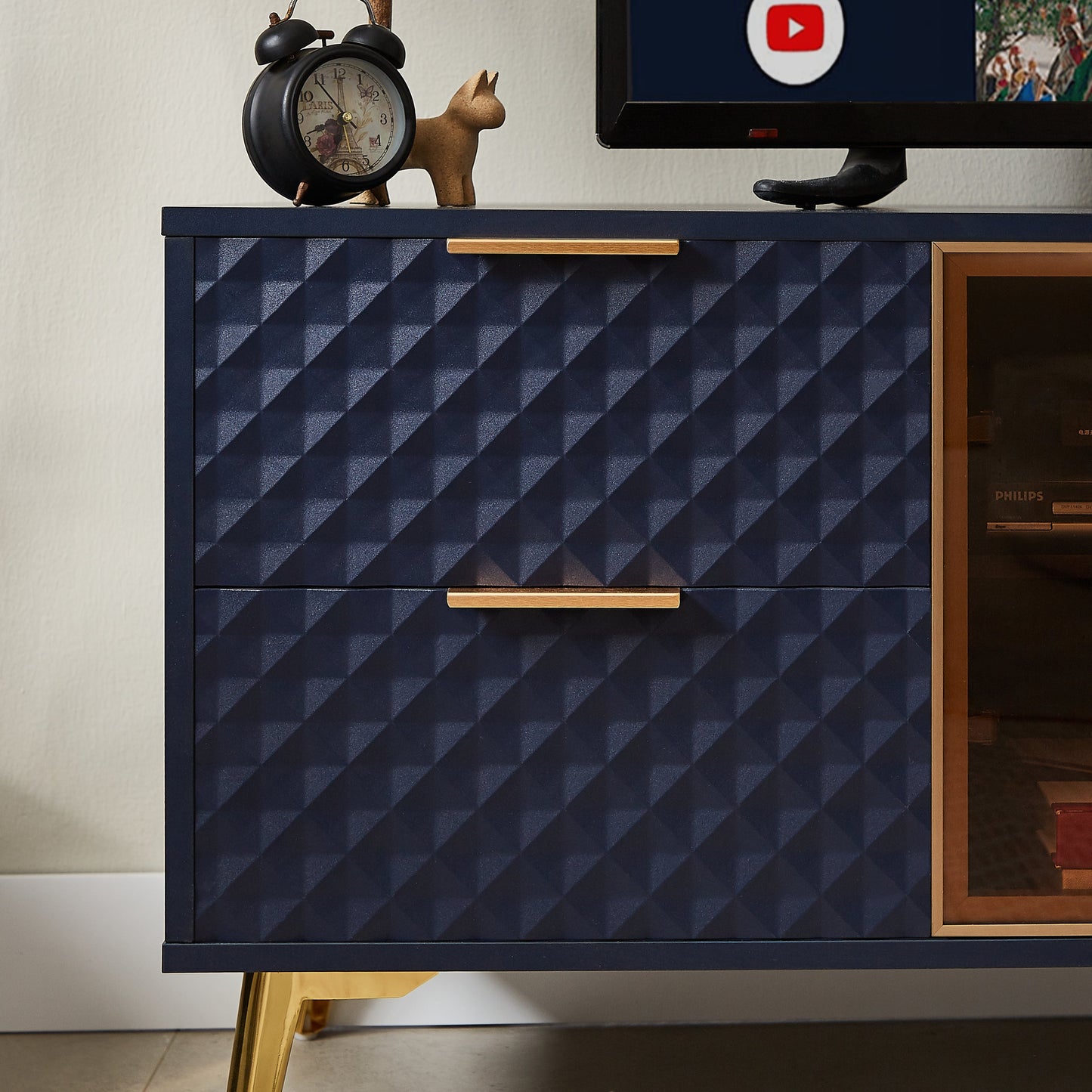 Deluxe Sculpted Modern Fashion Geometric Style TV Stand, Aluminum Frame Tempered Glass Door 4 Drawer Chest with Adjustable Metal Feet ,Dark Blue,59.9'L x 15.7'W x 21.7'H