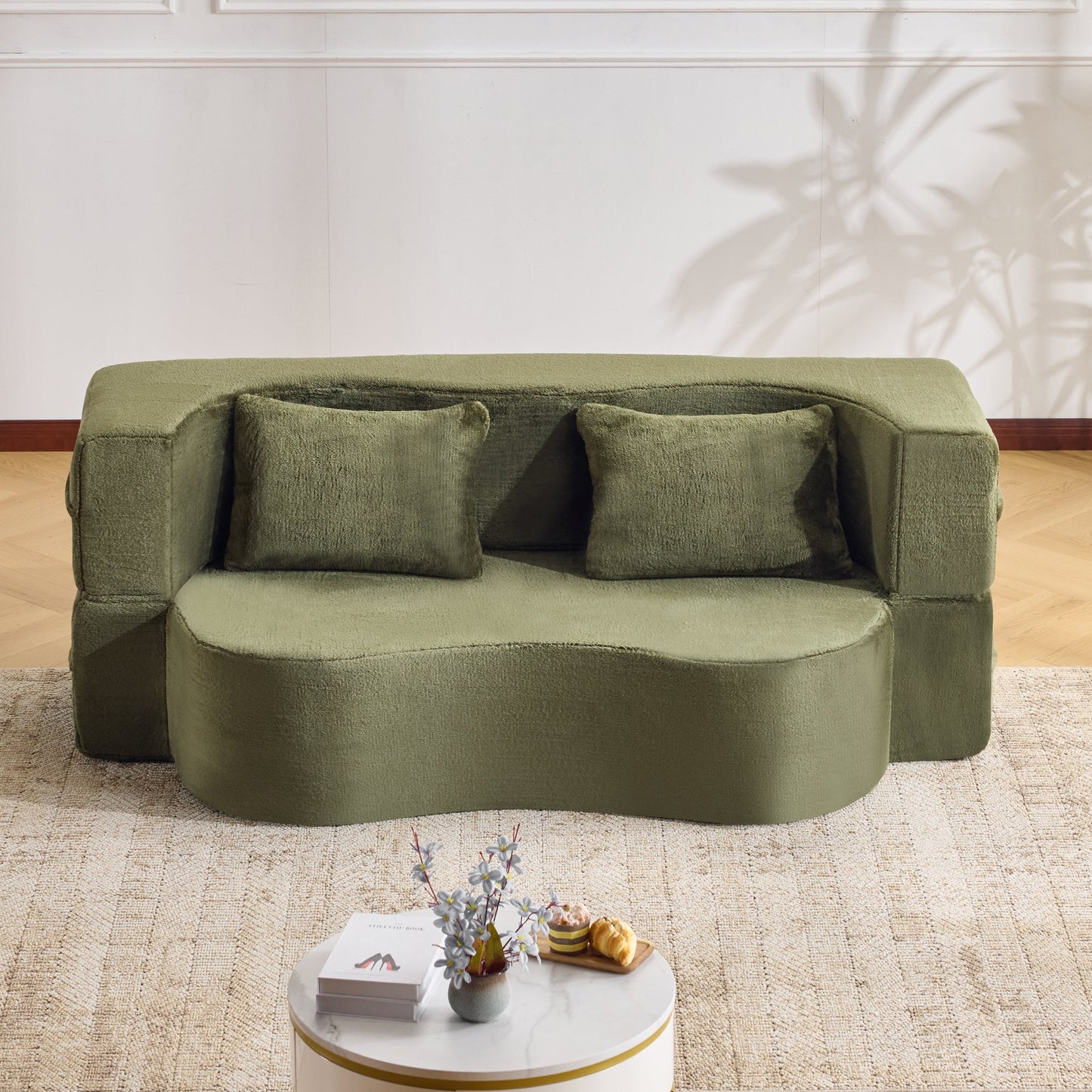 71-inch folding sofa bed, plush futon sofa bed, high-density foam convertible sofa bed, folding floor sofa bed for living room, guest room, bedroom, green