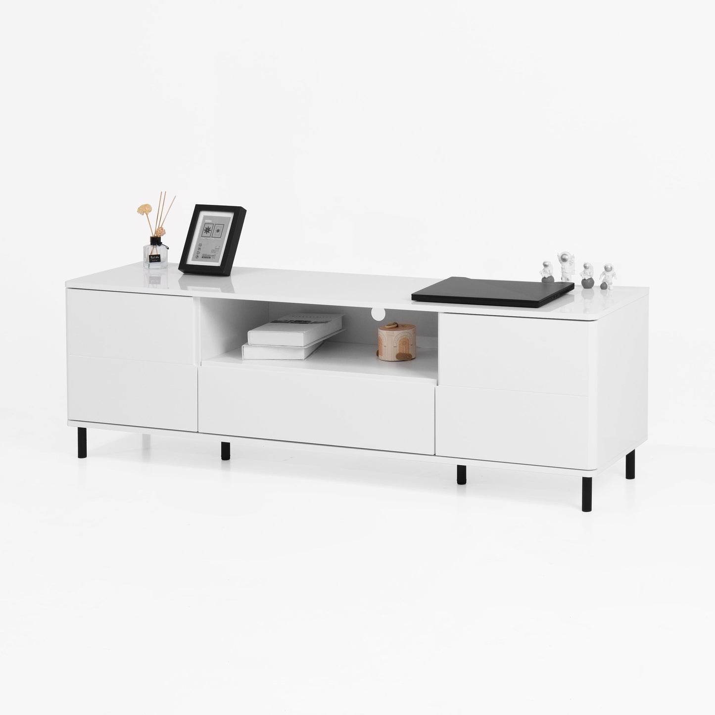 High Gloss Panel Modern TV Console, TV Stand, Entertainment Center with Storage Shelves,TV Cabinet for Living Room, Bedroom, Cloud White 63x15.74x19.68 inch