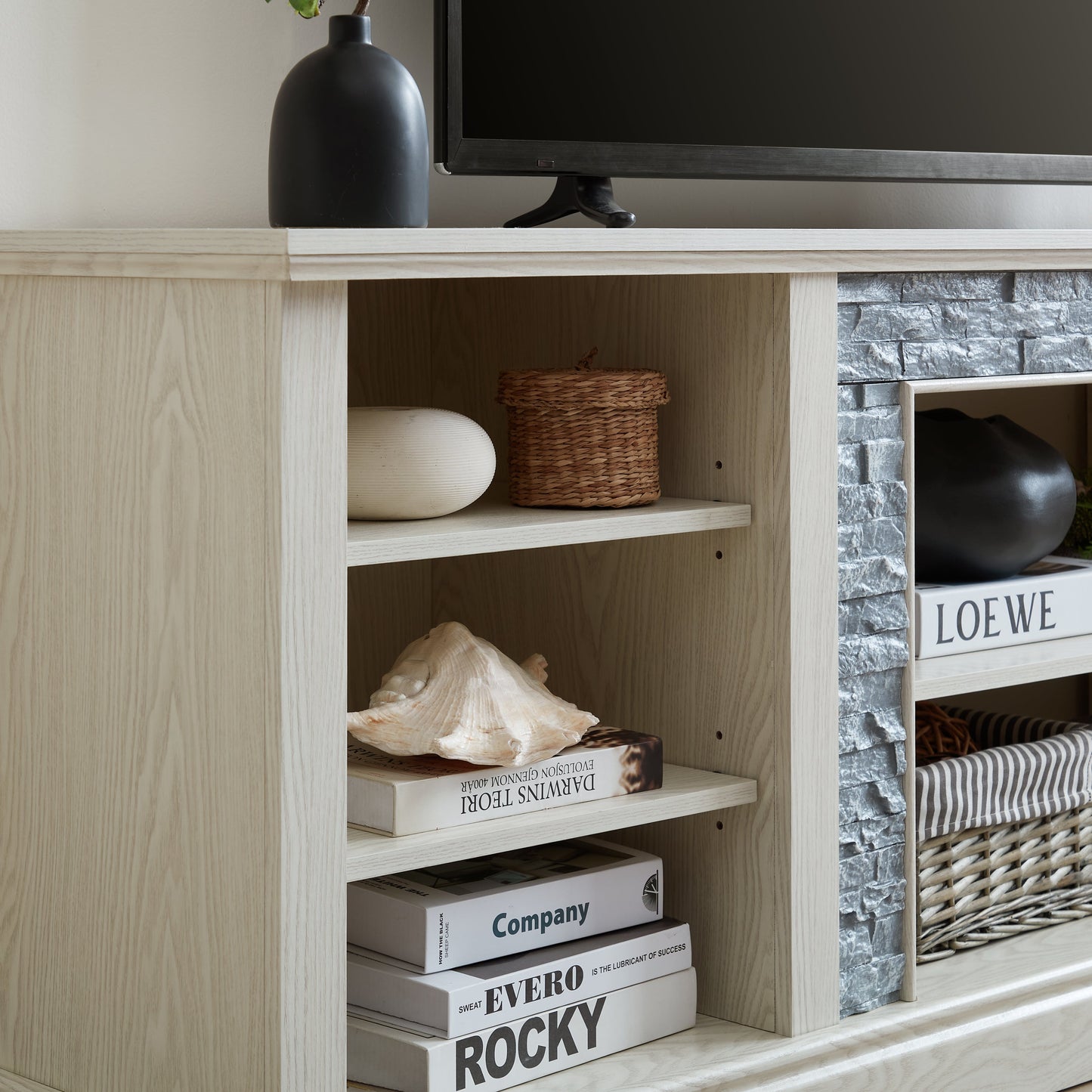 Large TV Desk Storage Rack with Faux Stacked Stone Surround,Media Console Table with Large Storage Cabinet,Modern TV Media Entertaionment Stand,WHITE, 70.12'W*15.35'D*25.83'H