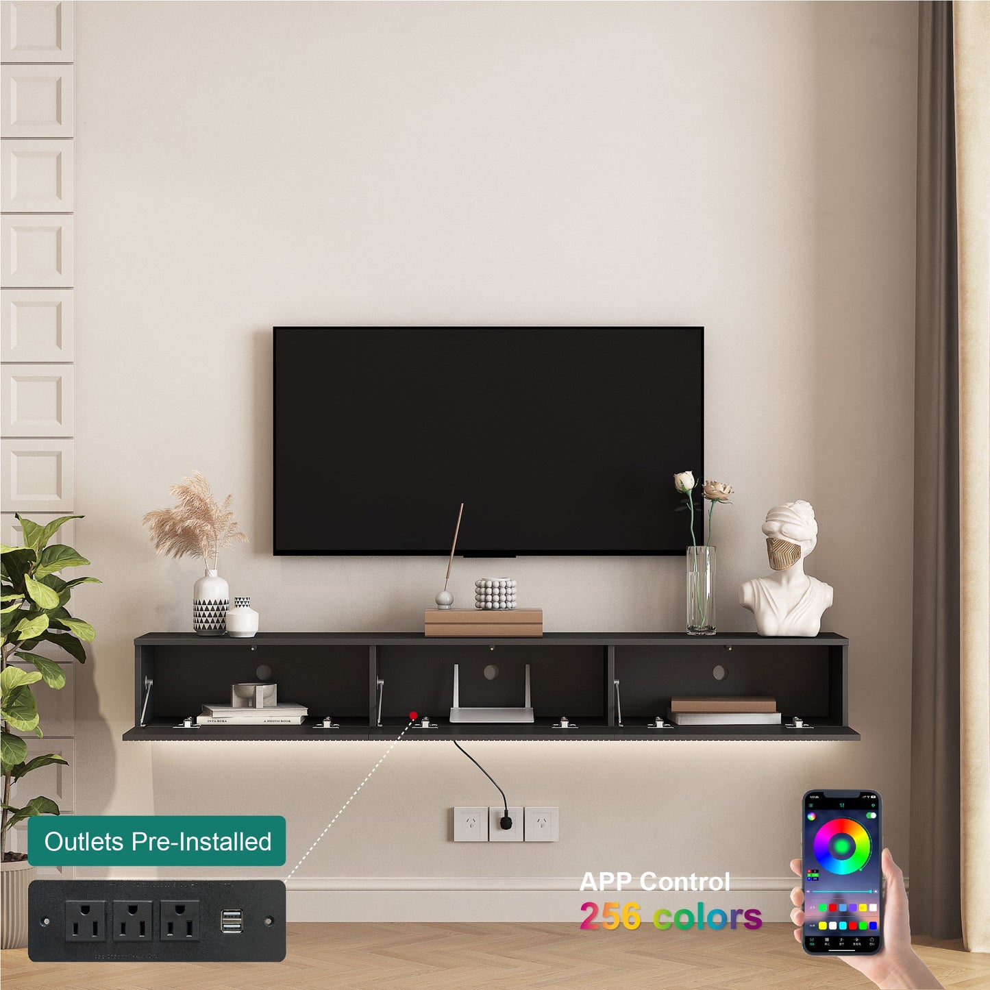 Floating TV Stand Wall Mounted with 16 Color LEDs,69' Modern TV Stand, Floating TV Cabinet Entertainment Center for 55 60 65 Inch TV,Black