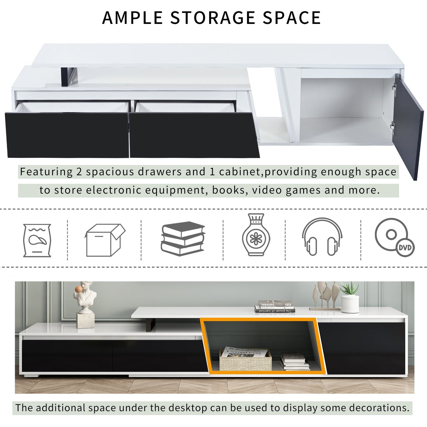 U-Can Modern, Minimalist Rectangle Extendable TV Stand, TV Cabinet with 2 Drawers and 1 Cabinet for Living Room, Up to 100''
