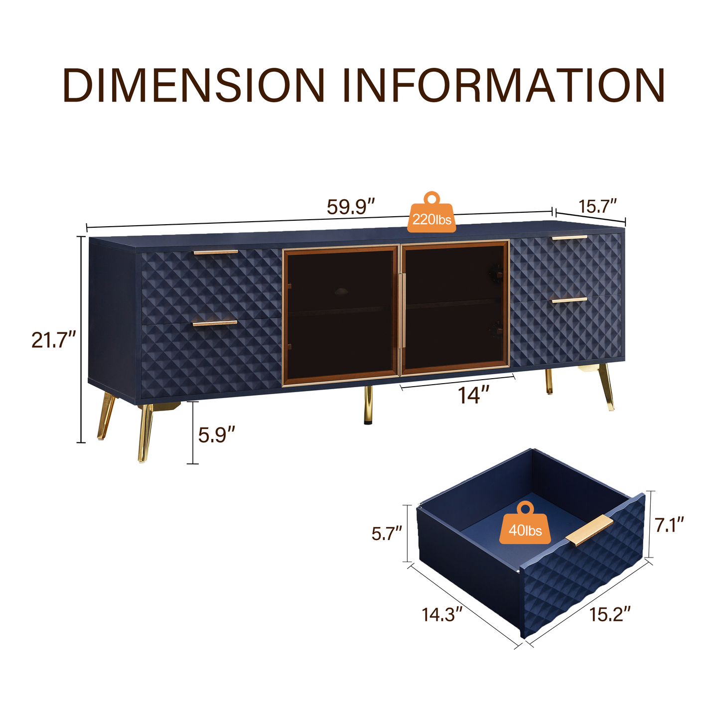 Deluxe Sculpted Modern Fashion Geometric Style TV Stand, Aluminum Frame Tempered Glass Door 4 Drawer Chest with Adjustable Metal Feet ,Dark Blue,59.9'L x 15.7'W x 21.7'H