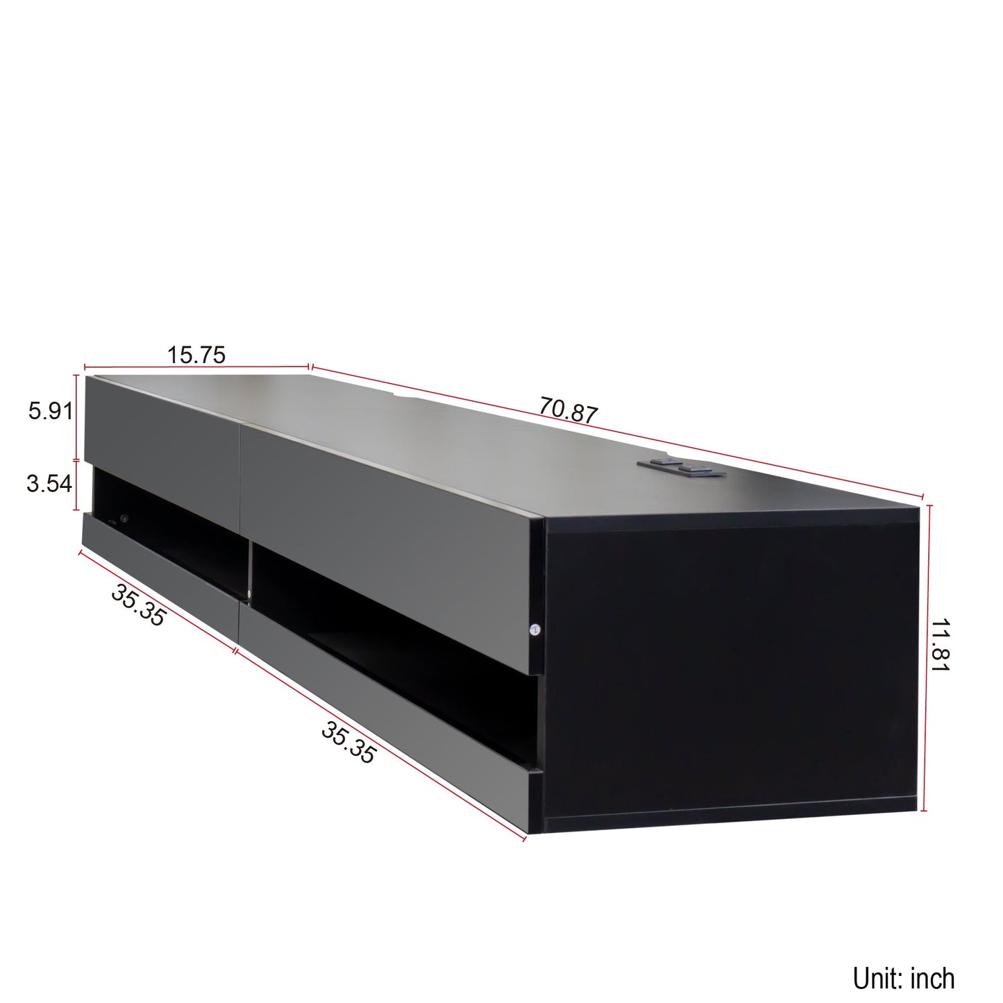 180 Wall Mounted Floating 80' TV Stand with 20 Color LEDs and Charging Station