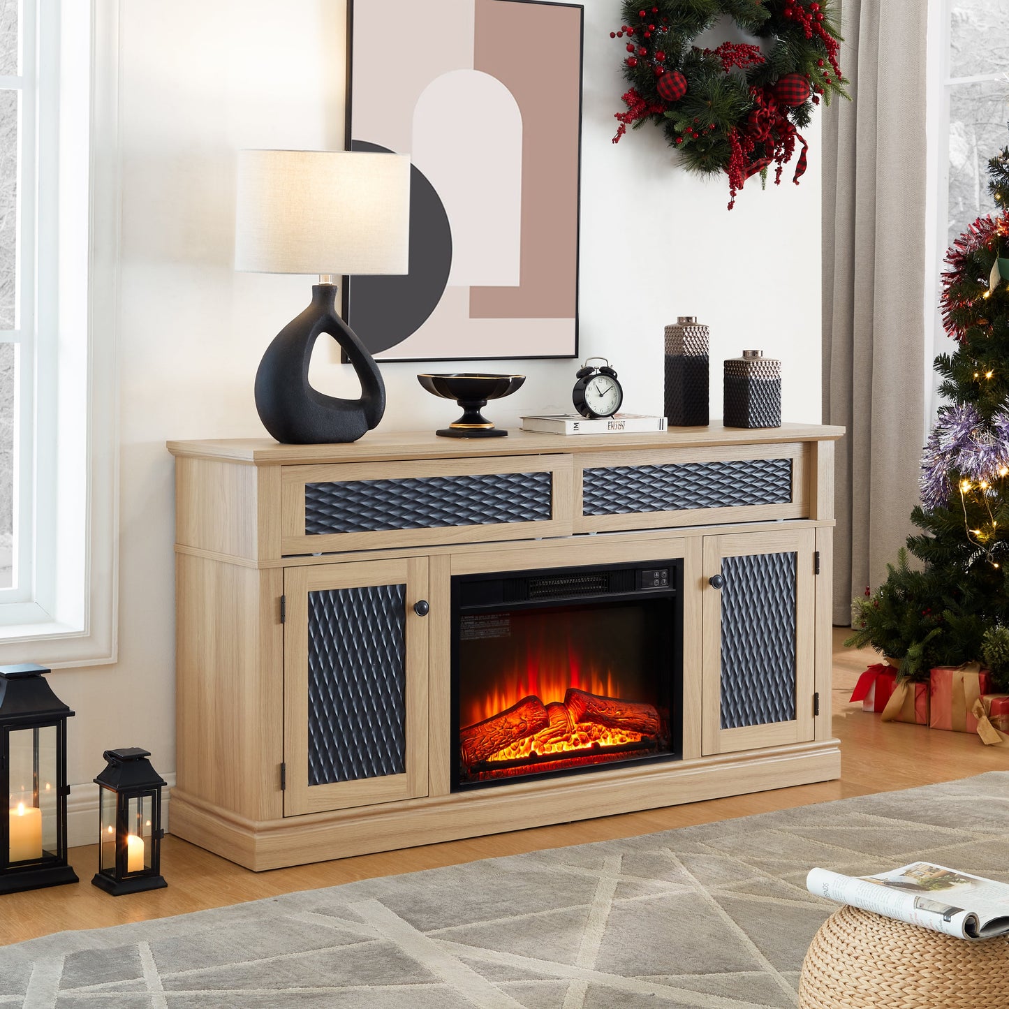 Embossed Pattern TV Stand with 23' fireplace insert,, TV and Media Console with Open and Closed Storage Space and sliding door for Living Room & Bedroom,LIGHT OAK, 58.27'W*15.35'W*31.7H