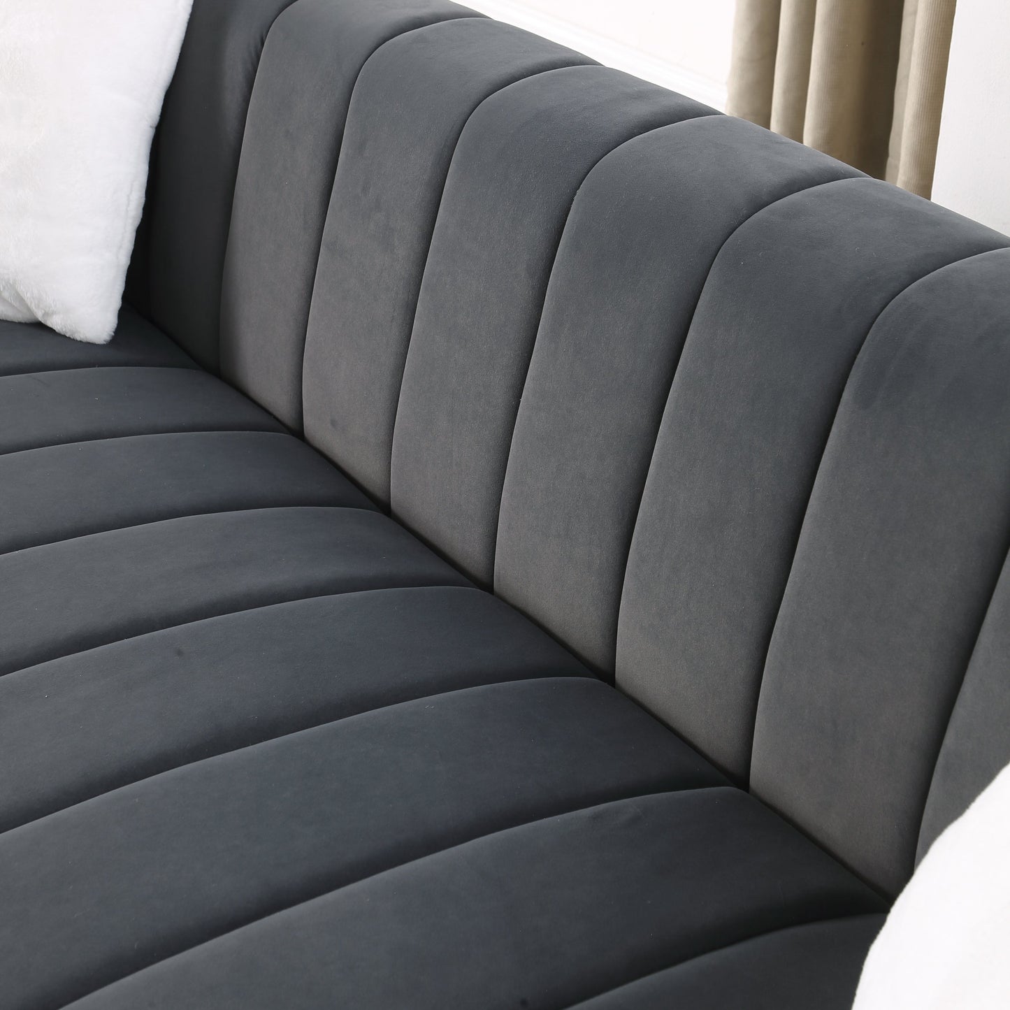 A modern channel sofa take on a traditional Chesterfield,Grey color,3 seater
