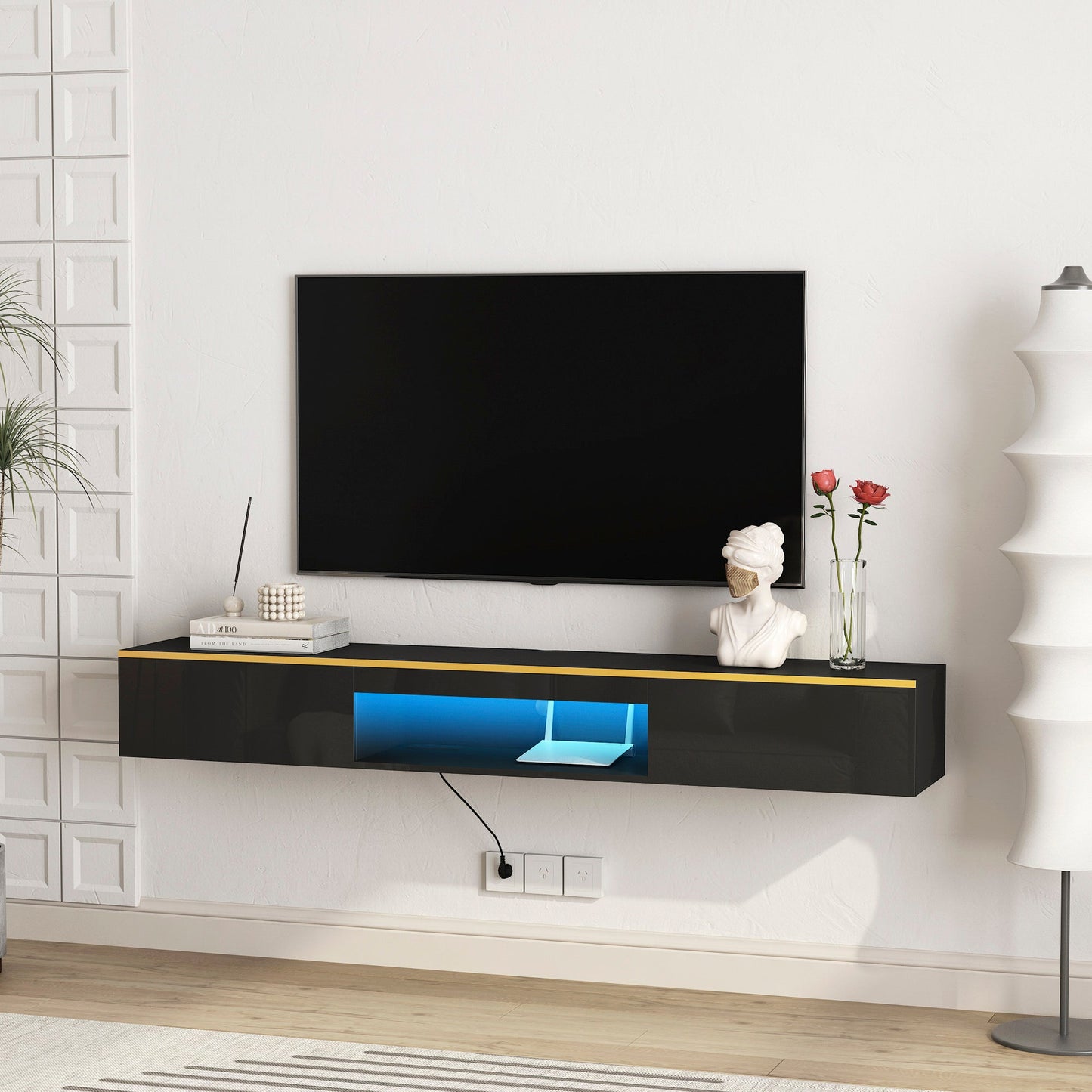 Floating TV Stand Wall Mounted with 16 Color LEDs,69' Modern TV Stand, Floating TV Cabinet Entertainment Center for 55 60 65 Inch TV,Black