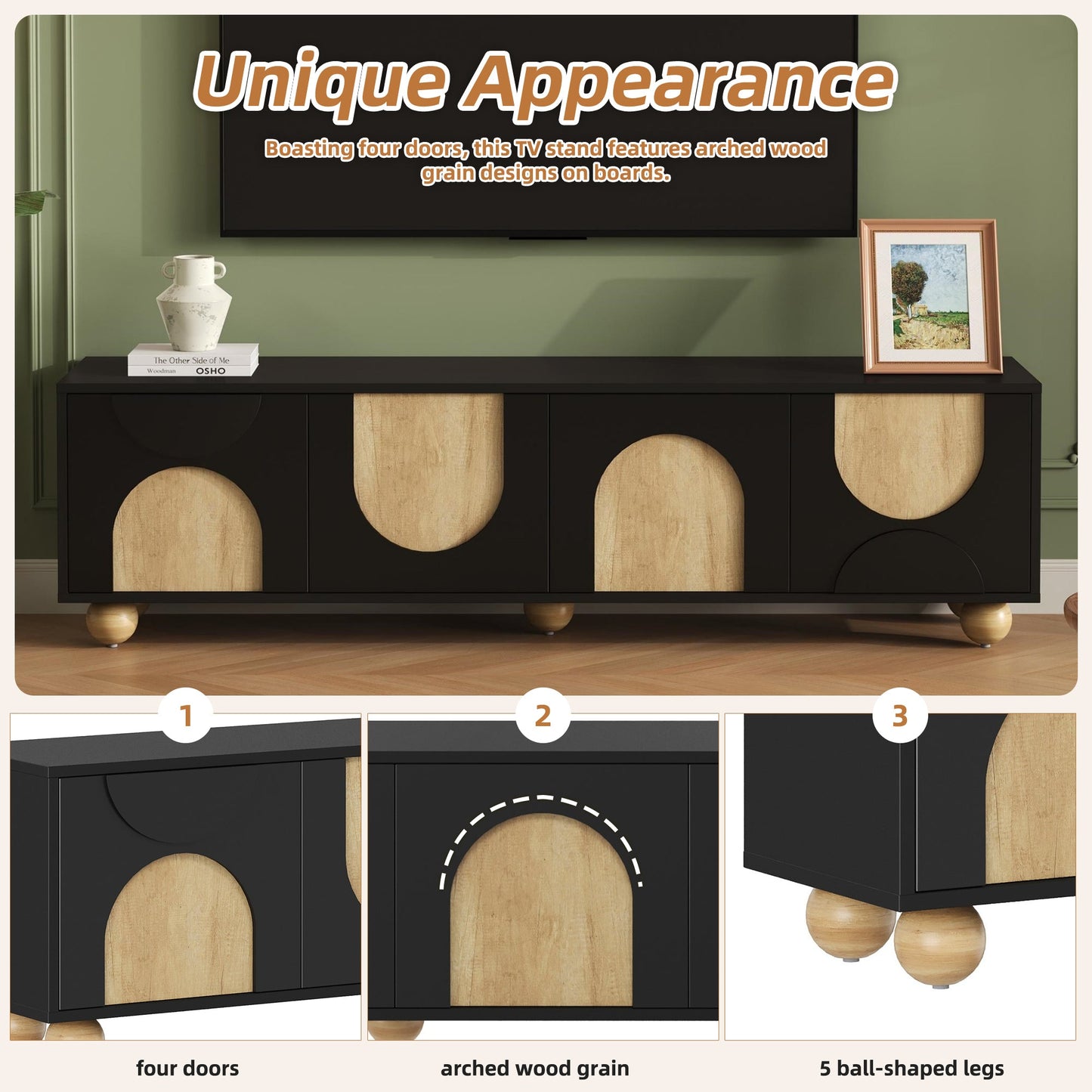 Farmhouse TV Stand with Cable Holes for TVs up to 75', Cream Style Media Console with Rebound Device, Elegant Entertainment Center with 5 Solid Wood Legs for Living Room, Bedroom, Black, 69.6'W