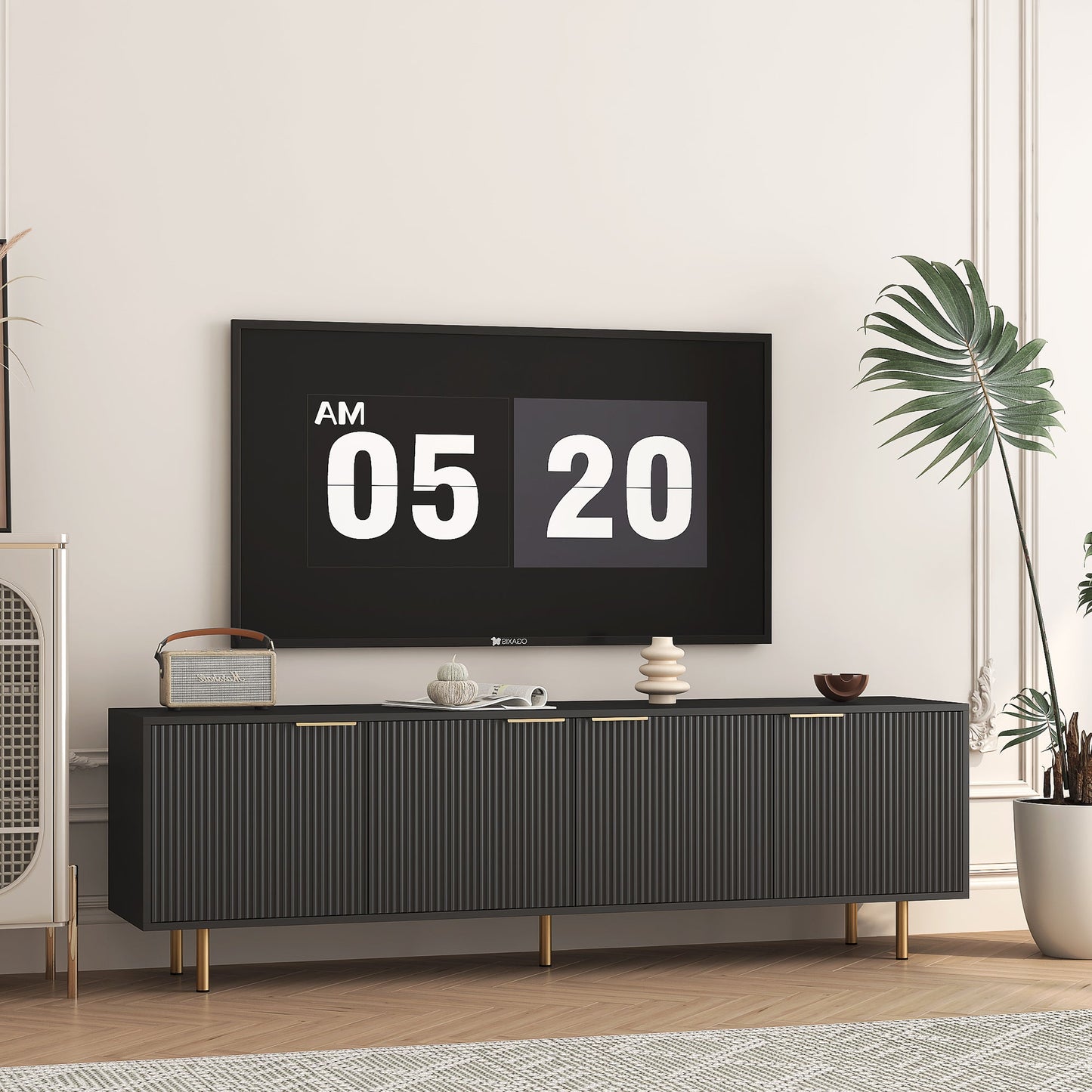 Black Modern TV Stand Fluted 68' , Entertainment Center with Storage Doors, TV Console Media Cabinet, for 55+ Inch TV, Living Room