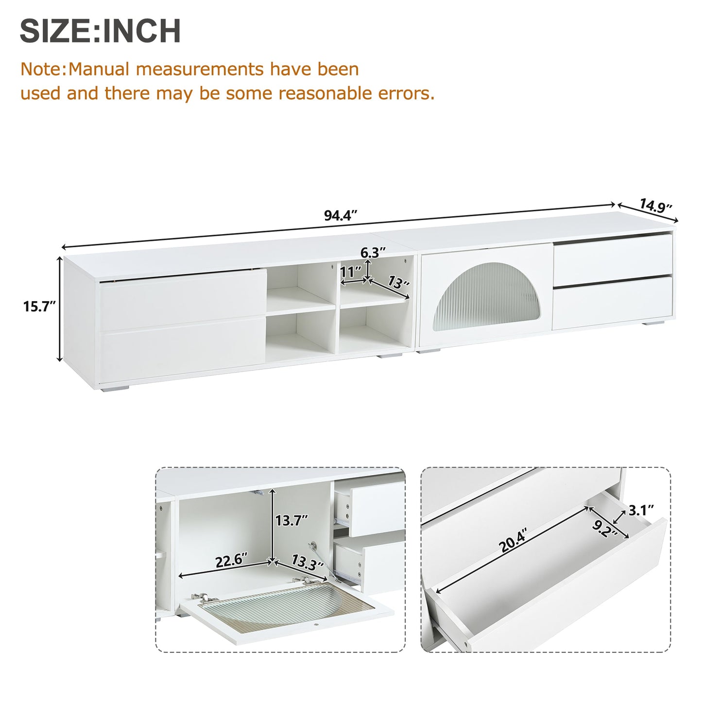 ON-TREND Modern TV Stand with Fluted Glass Door for TVs Up to 100', Media Console with Sliding Door & 2 Drawers, Free-Combination Entertainment Center with LED Light for Living Room, Bedroom, White