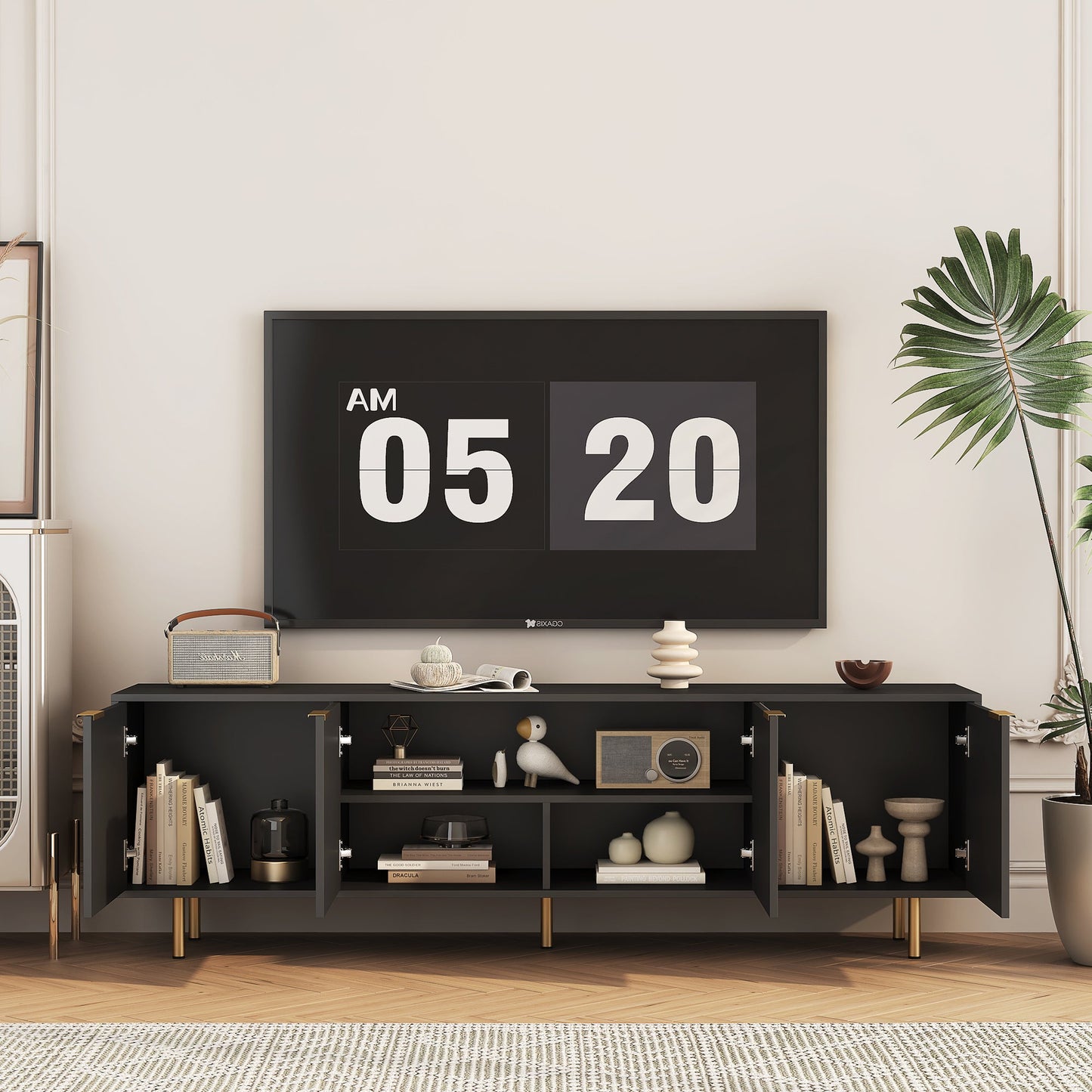 Black Modern TV Stand Fluted 68' , Entertainment Center with Storage Doors, TV Console Media Cabinet, for 55+ Inch TV, Living Room
