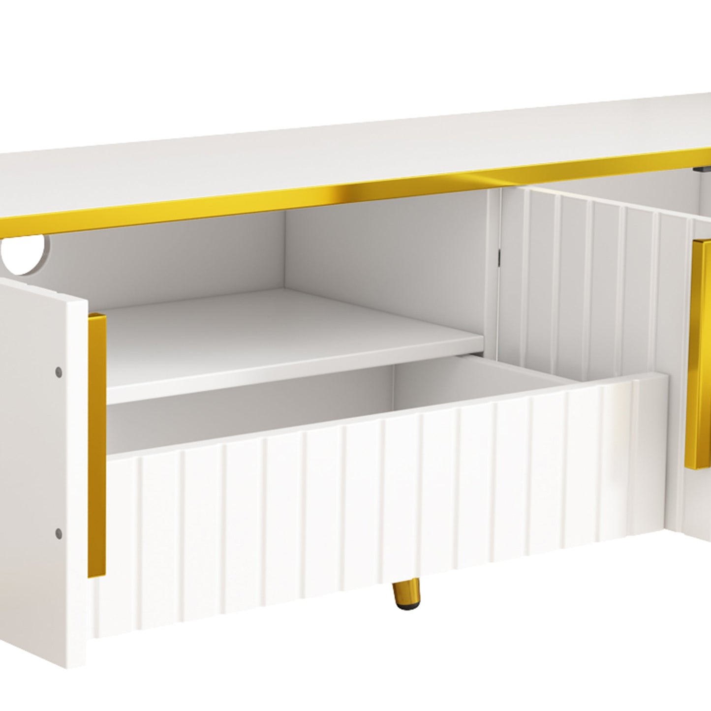 ON-TREND Luxury Minimalism TV Stand with Open Storage Shelf for TVs Up to 85', Entertainment Center with Cabinets and Drawers, Practical Media Console with Unique Legs for Living Room, White