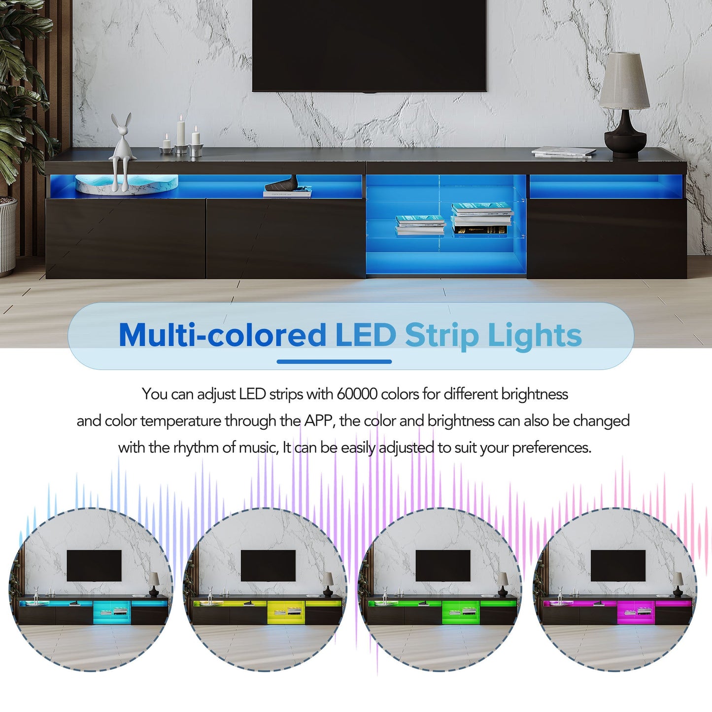 ON-TREND Unique Design TV Stand with 2 Glass Shelves, Ample Storage Space Media Console for TVs Up to 105', Versatile TV Cabinet with LED Color Changing Lights for Living Room, Black
