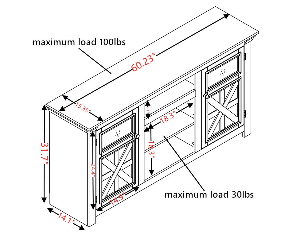 2 Doors Cabinet Farmhouse Cabinet, Farmhouse TV Stand Barn Design,Farmhouse TV Media Stand, Large Barn Inspired Home Entertainment Console with 18' fireplace insert,GREY, 60.23'W*15.35'D*31.7'H