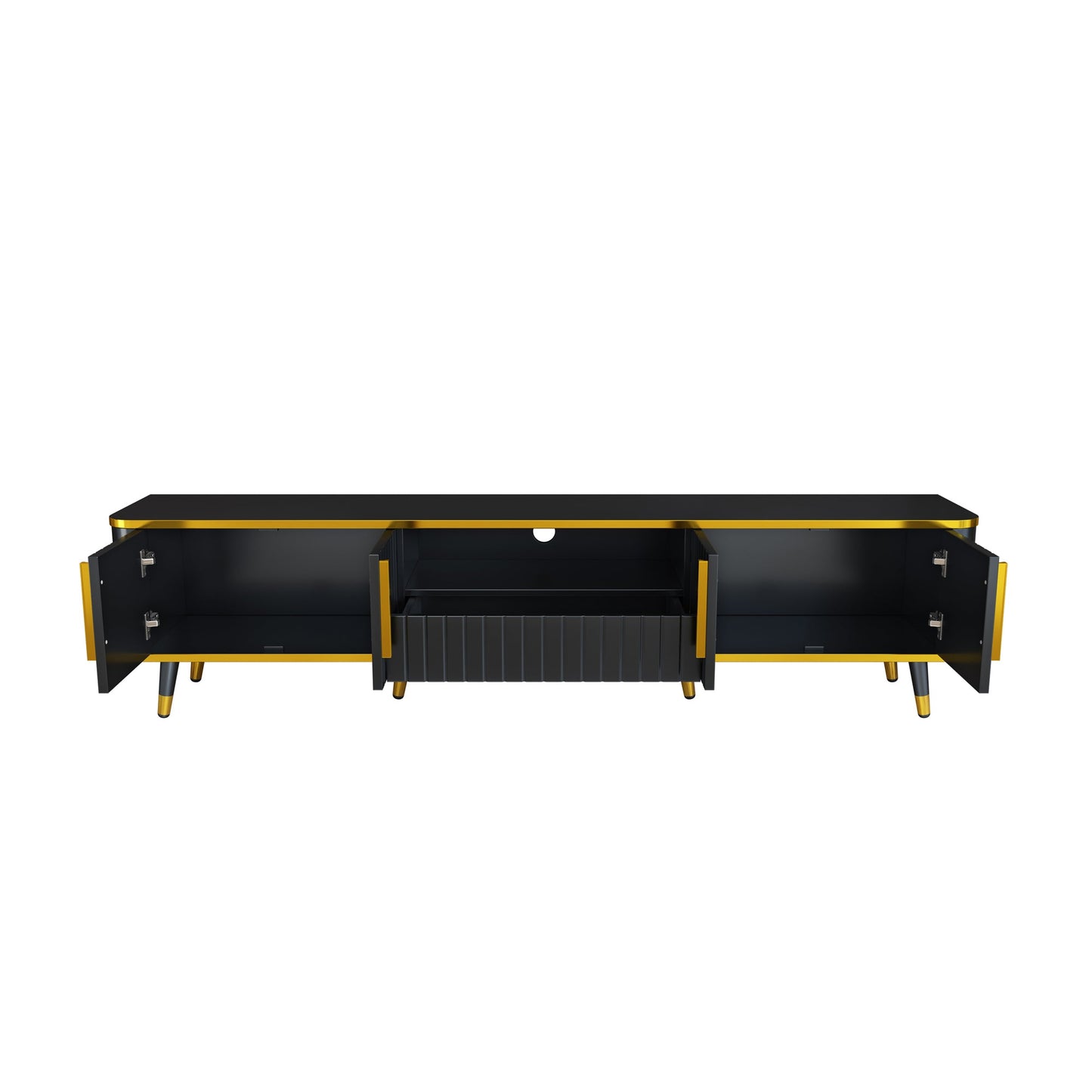 ON-TREND Luxury Minimalism TV Stand with Open Storage Shelf for TVs Up to 85', Entertainment Center with Cabinets and Drawers, Practical Media Console with Unique Legs for Living Room, Black