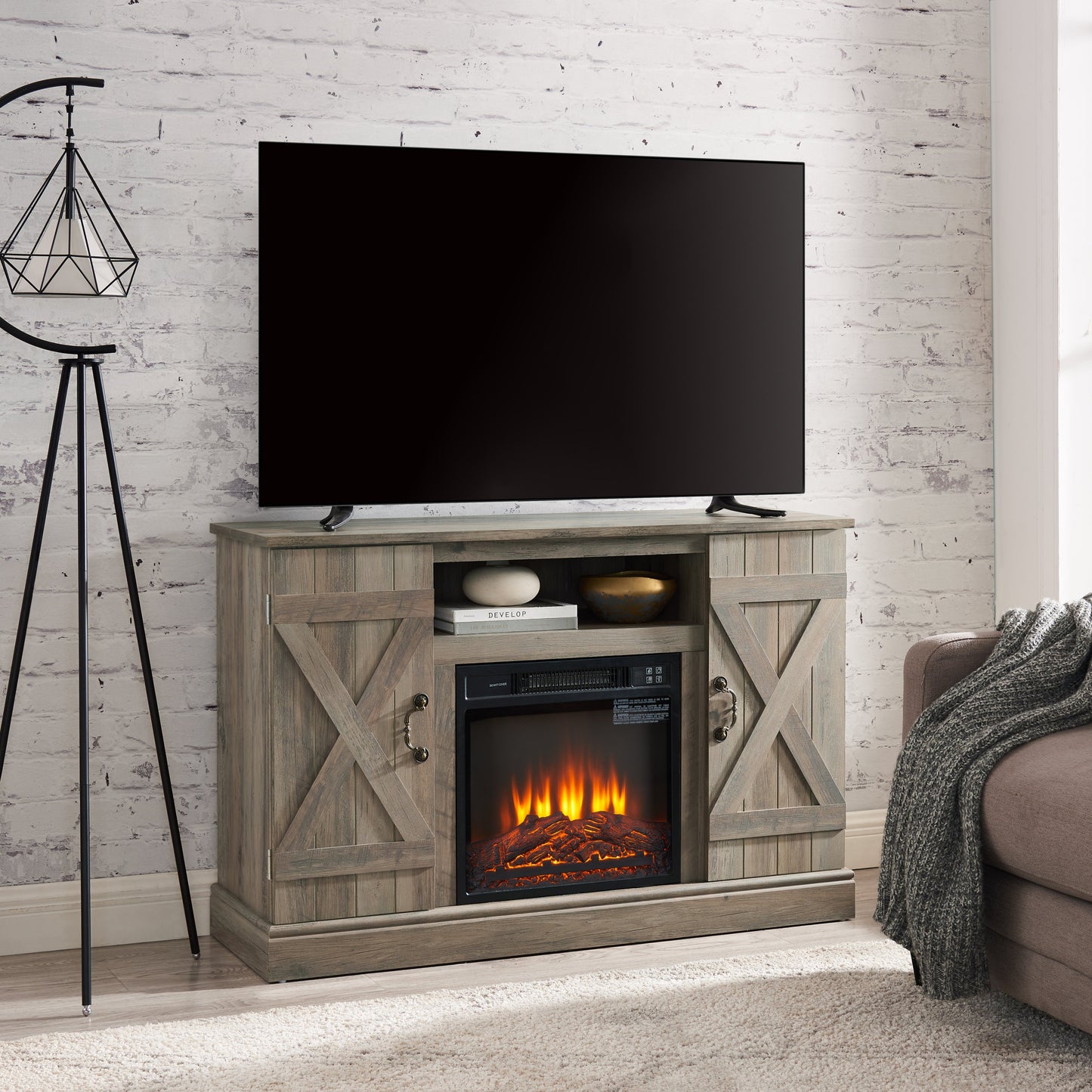 American retro Farmhouse Classic Media TV Stand Antique Entertainment Console with 18' Electric Fireplace Insert for TV up to 50' with Open and Closed Storage Space, Gray Wash 47'W*15.5'D*30.75'H